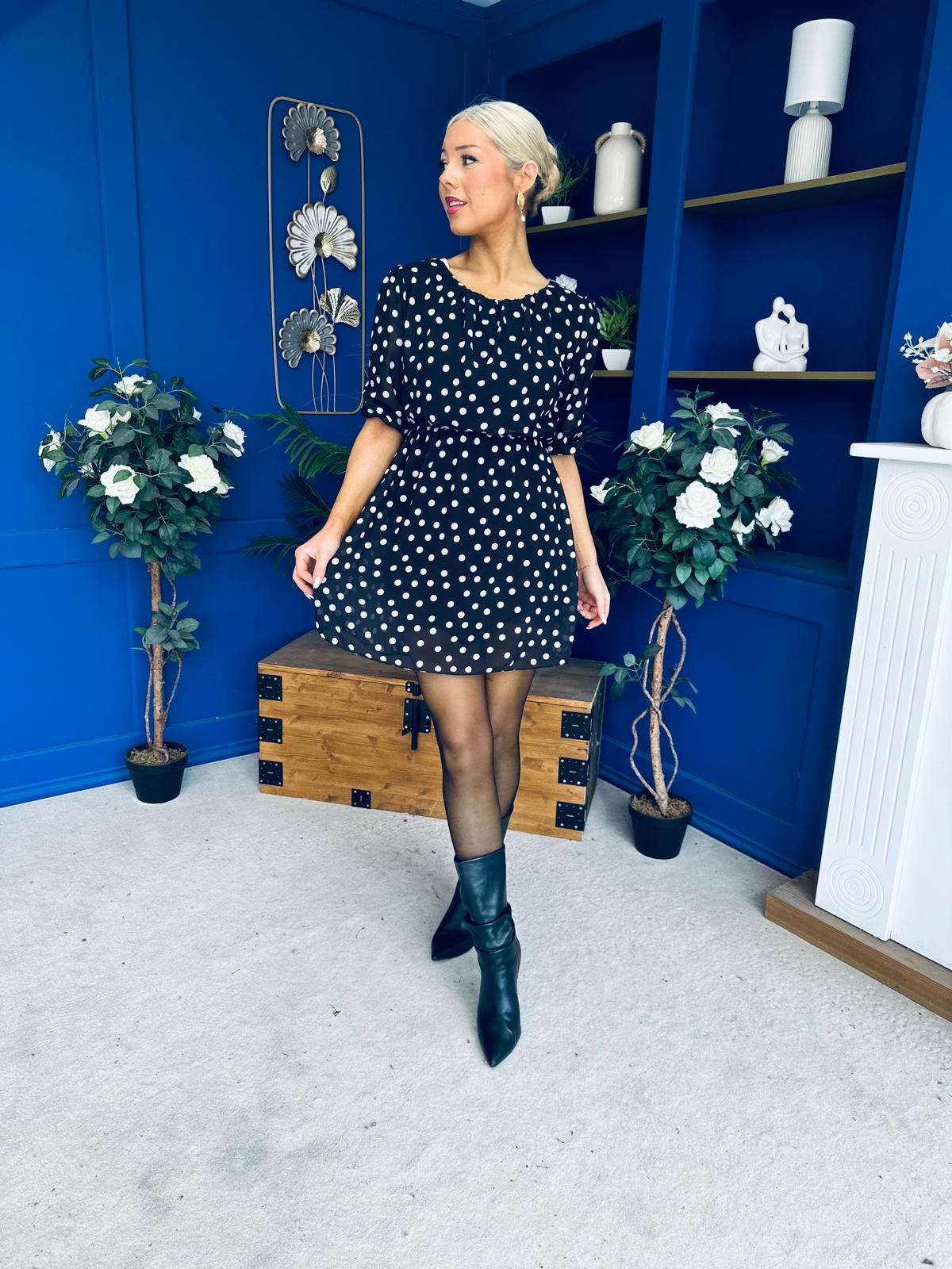 Leanne Ruched Detail Mini Dress Polka Black