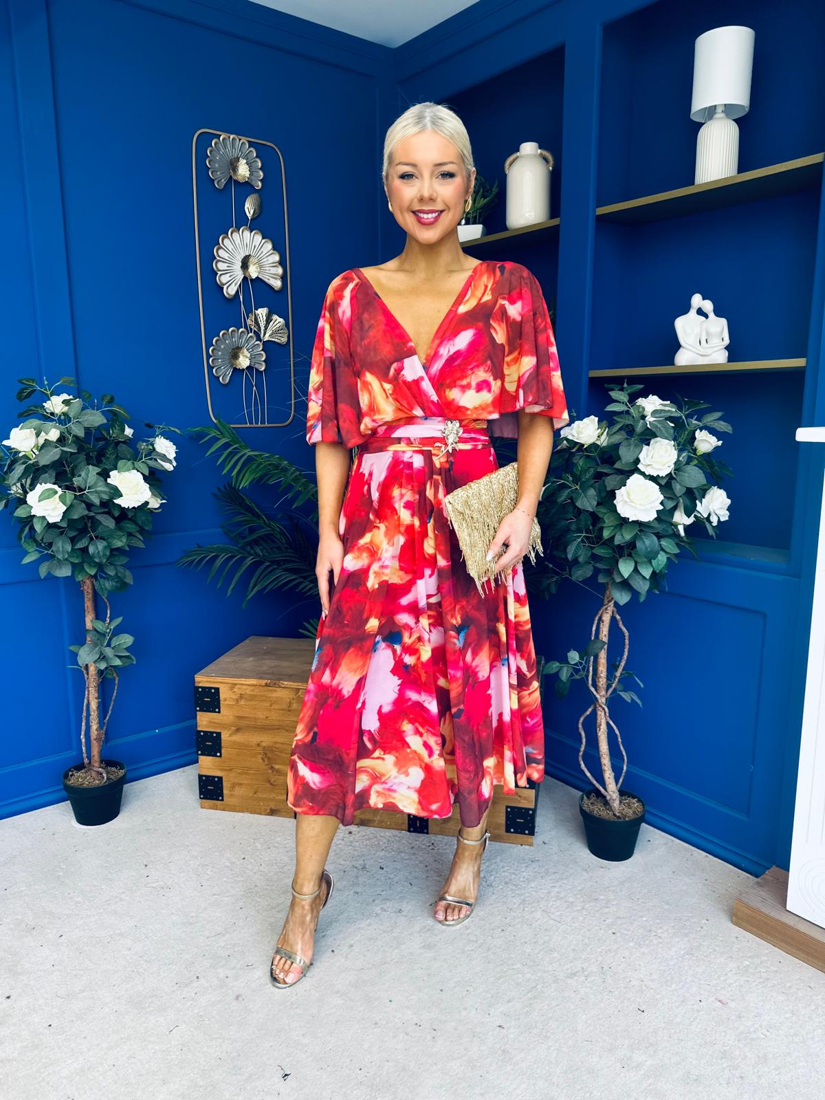 Orlaith Detailed Chiffon Midi Dress Floral Rose