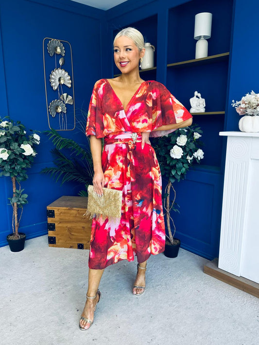 Orlaith Detailed Chiffon Midi Dress Floral Rose