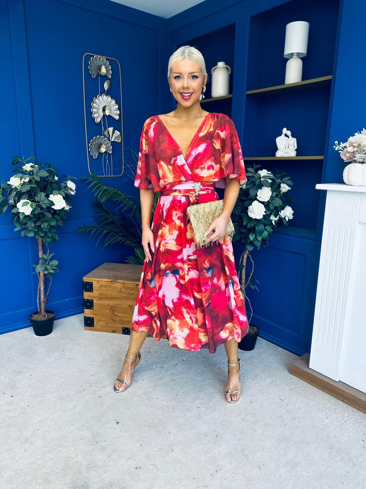 Orlaith Detailed Chiffon Midi Dress Floral Rose