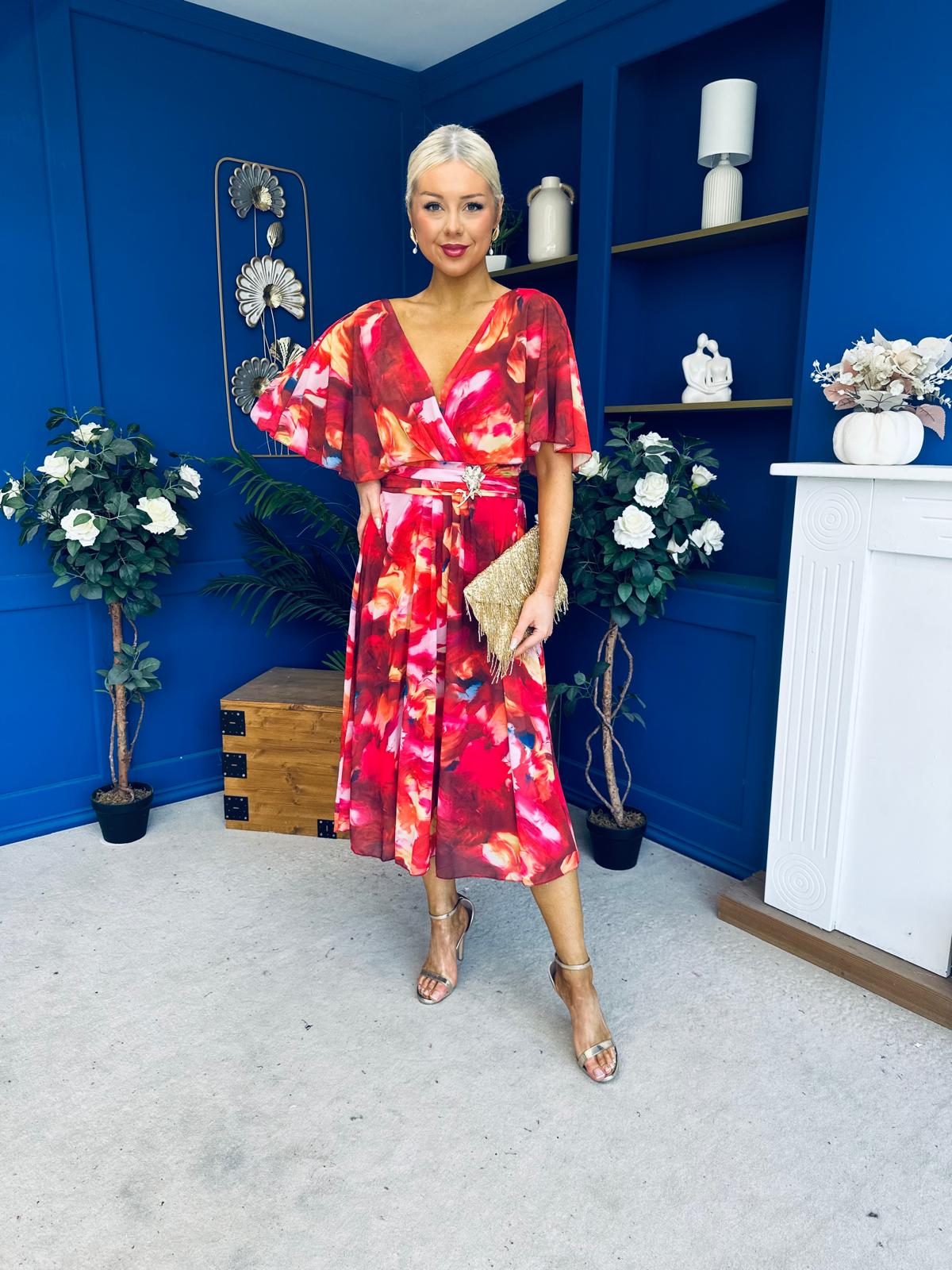 Orlaith Detailed Chiffon Midi Dress Floral Rose