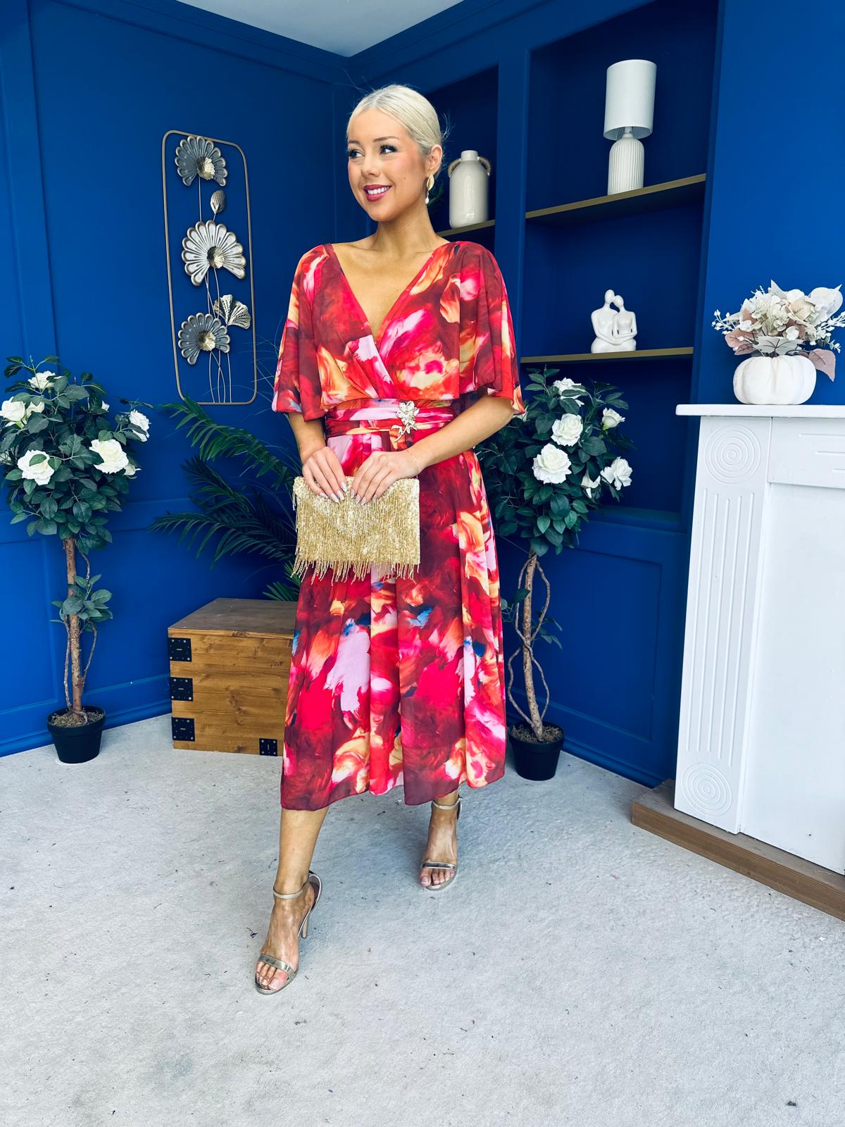 Orlaith Detailed Chiffon Midi Dress Floral Rose