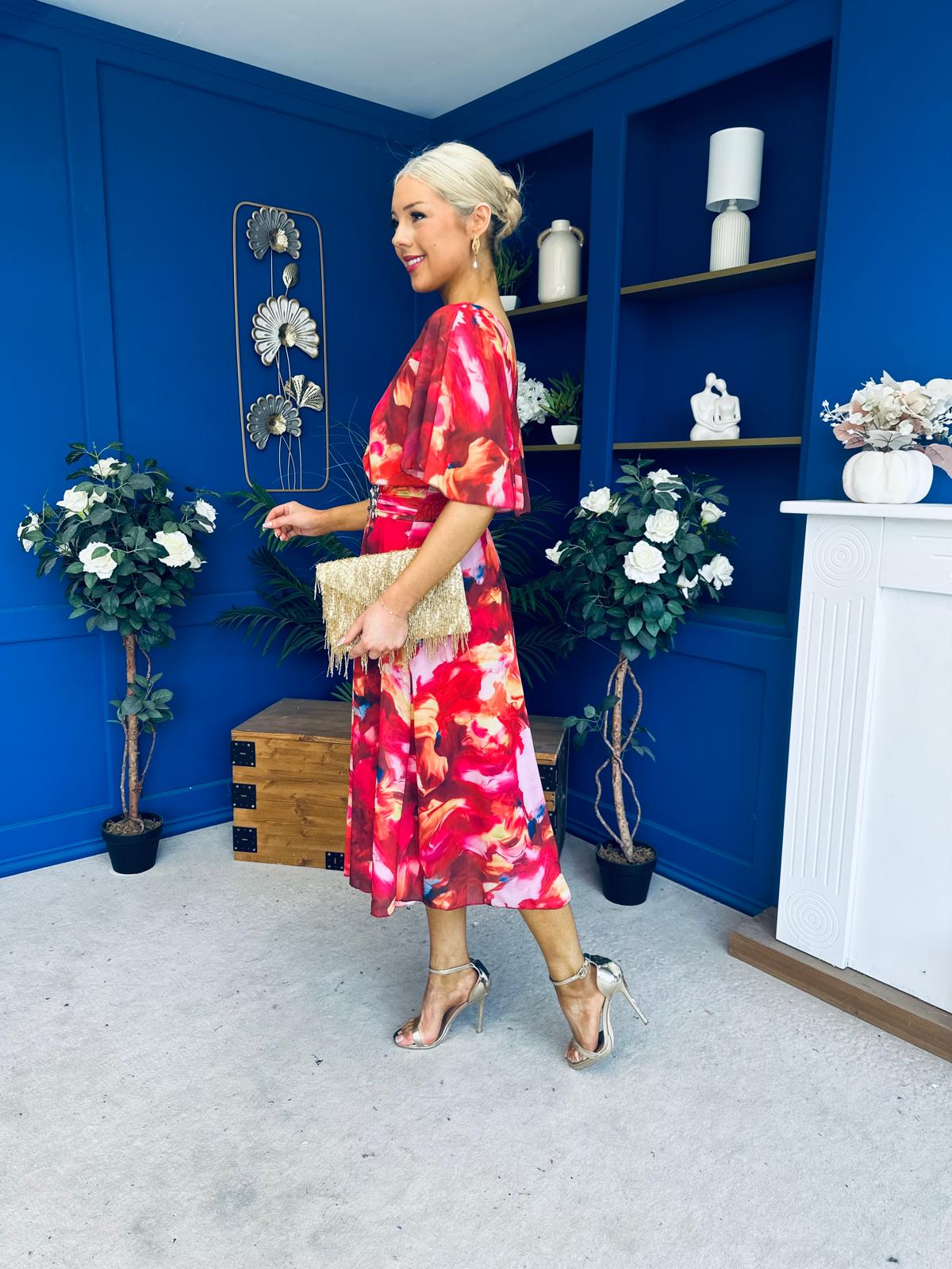 Orlaith Detailed Chiffon Midi Dress Floral Rose