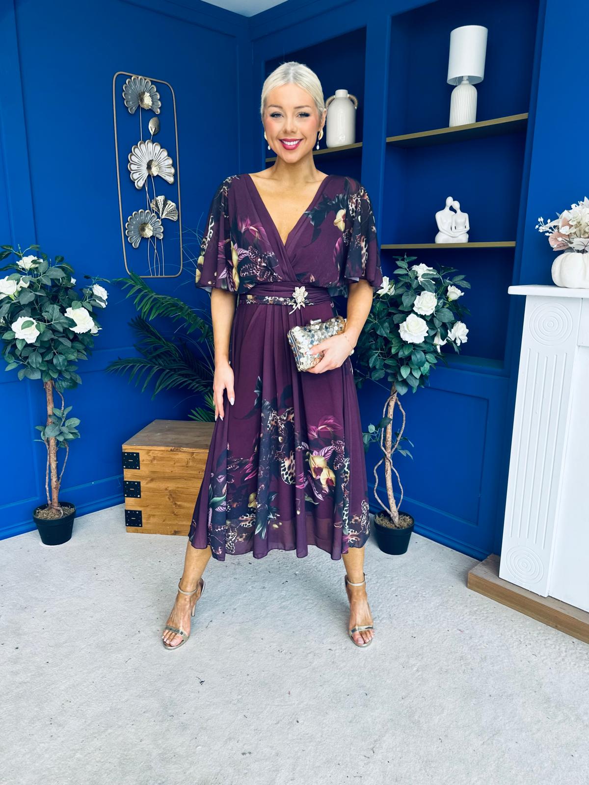 Orlaith Detailed Chiffon Midi Dress Floral Purple