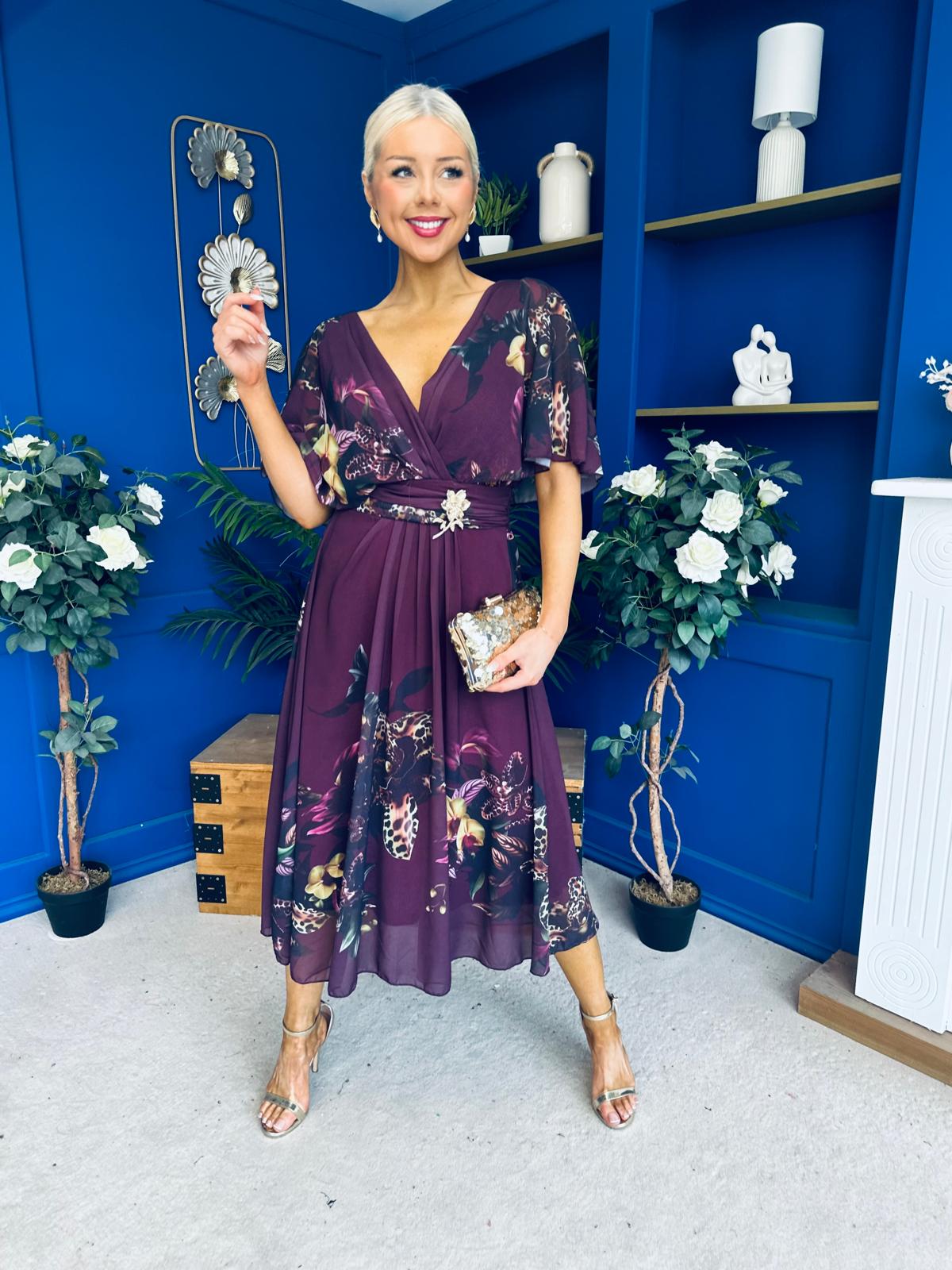 Orlaith Detailed Chiffon Midi Dress Floral Purple