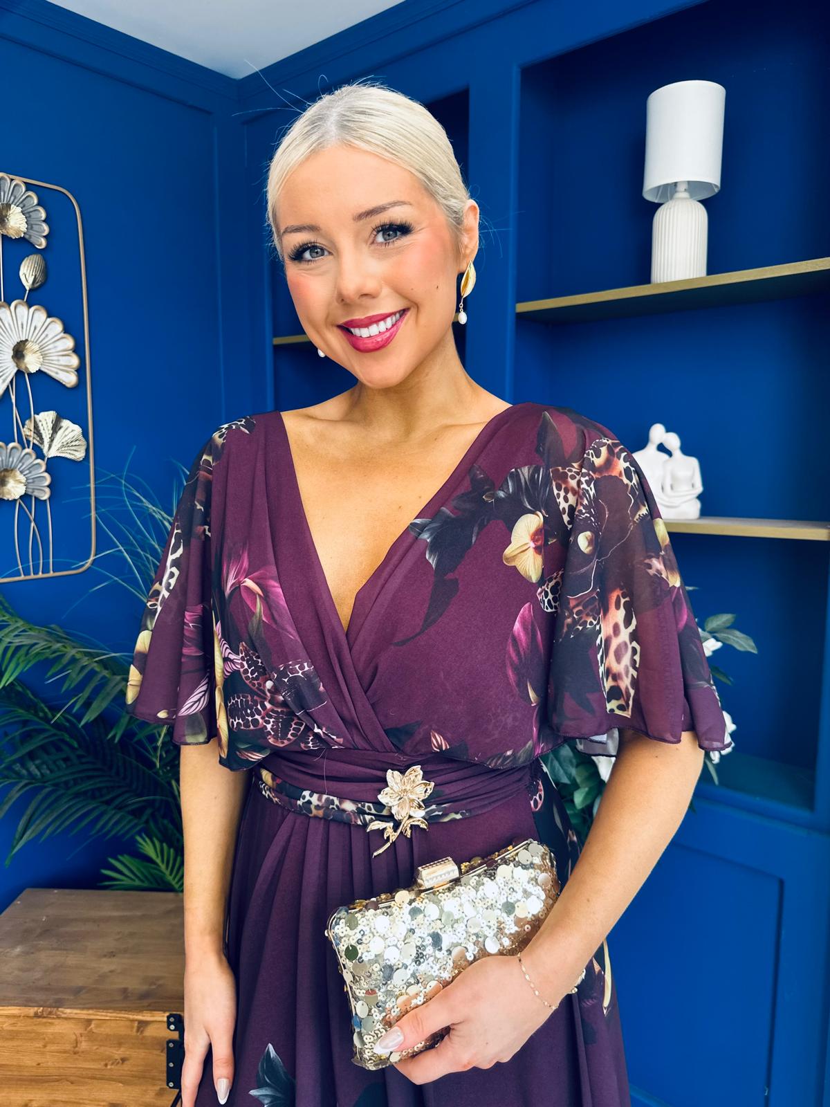 Orlaith Detailed Chiffon Midi Dress Floral Purple