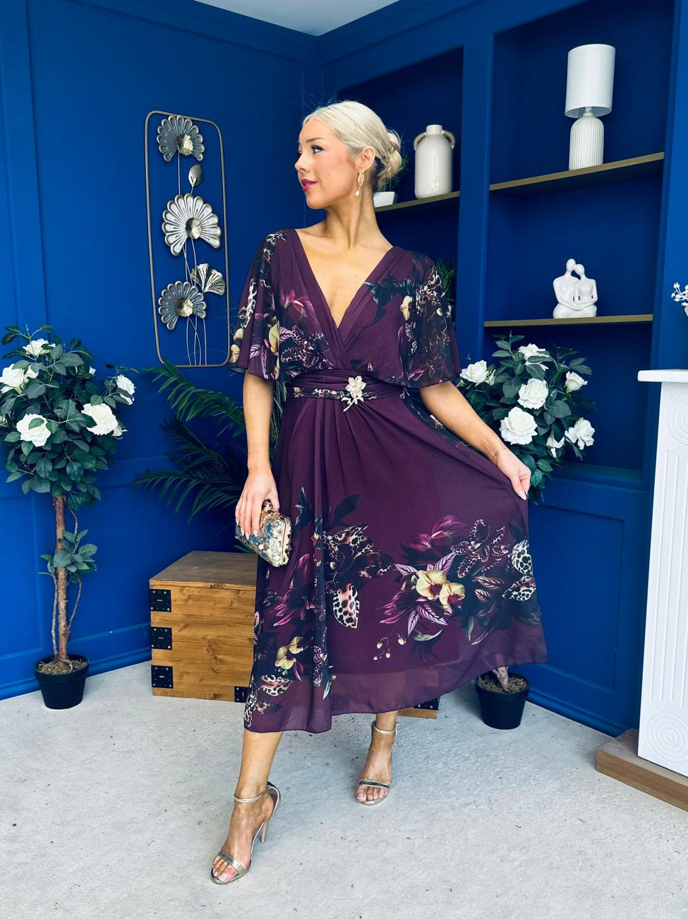 Orlaith Detailed Chiffon Midi Dress Floral Purple
