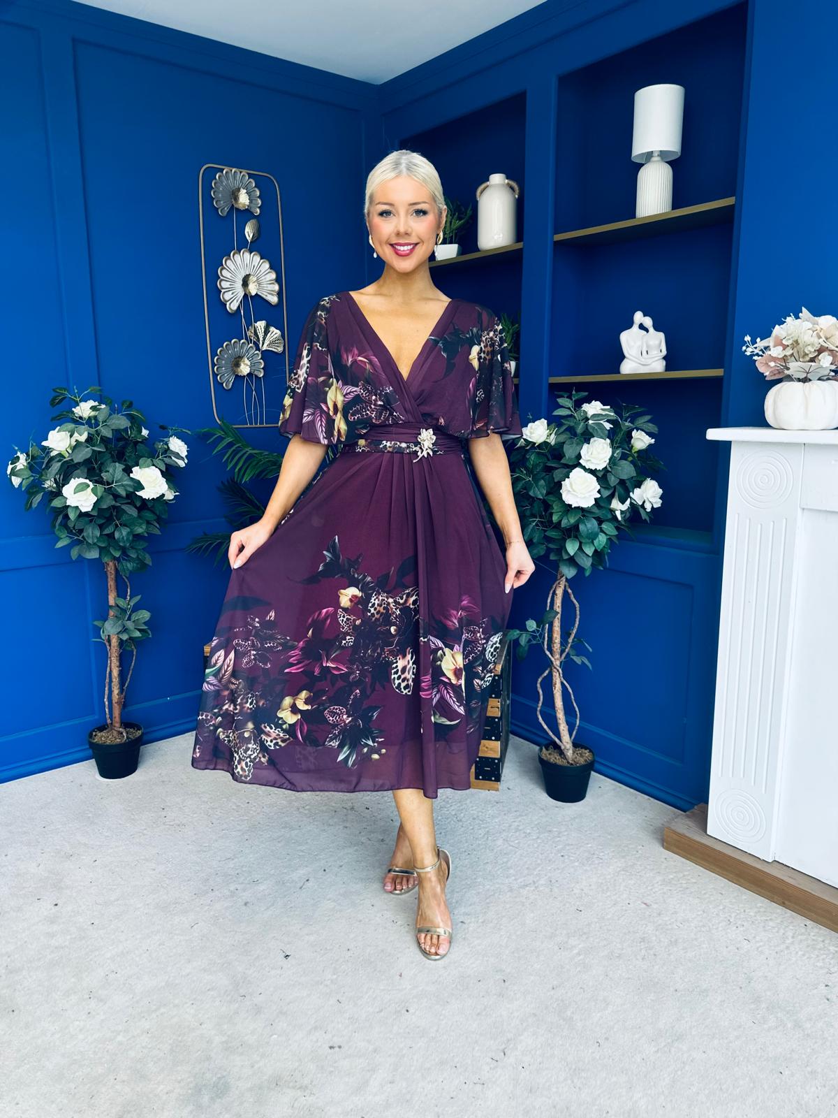 Orlaith Detailed Chiffon Midi Dress Floral Purple