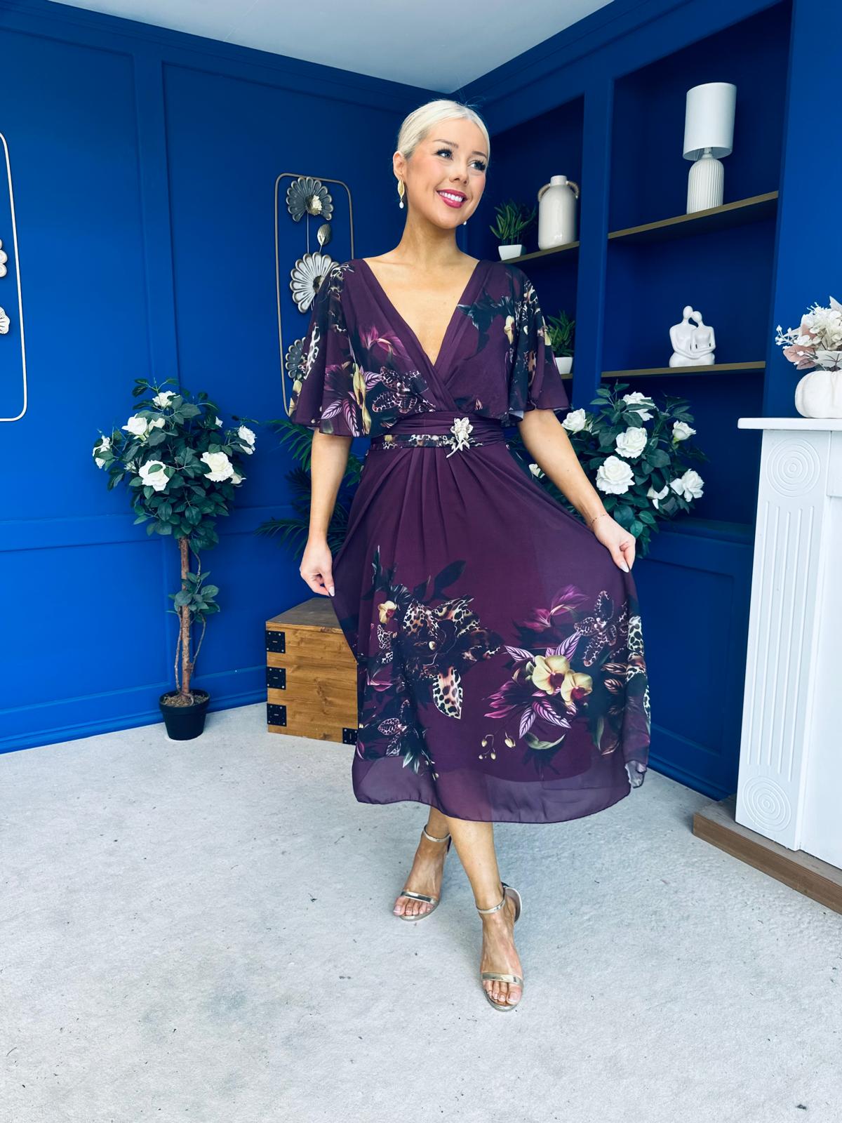 Orlaith Detailed Chiffon Midi Dress Floral Purple