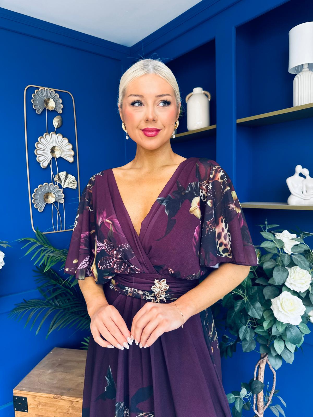 Orlaith Detailed Chiffon Midi Dress Floral Purple