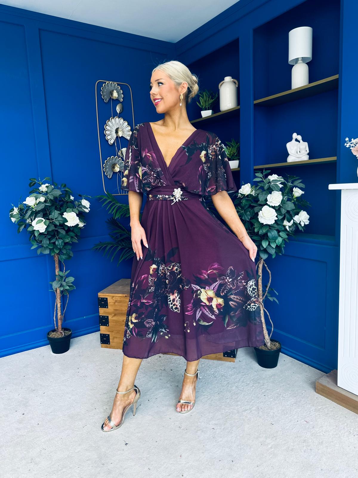 Orlaith Detailed Chiffon Midi Dress Floral Purple