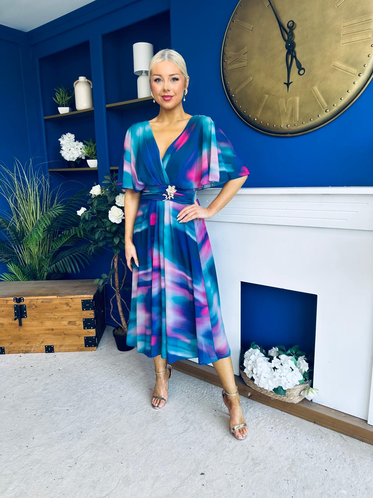 Orlaith Detailed Chiffon Midi Dress Marble Blue