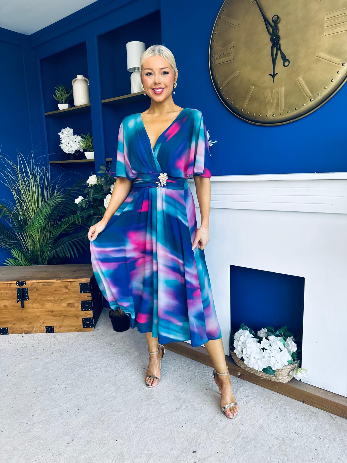 Orlaith Detailed Chiffon Midi Dress Marble Blue