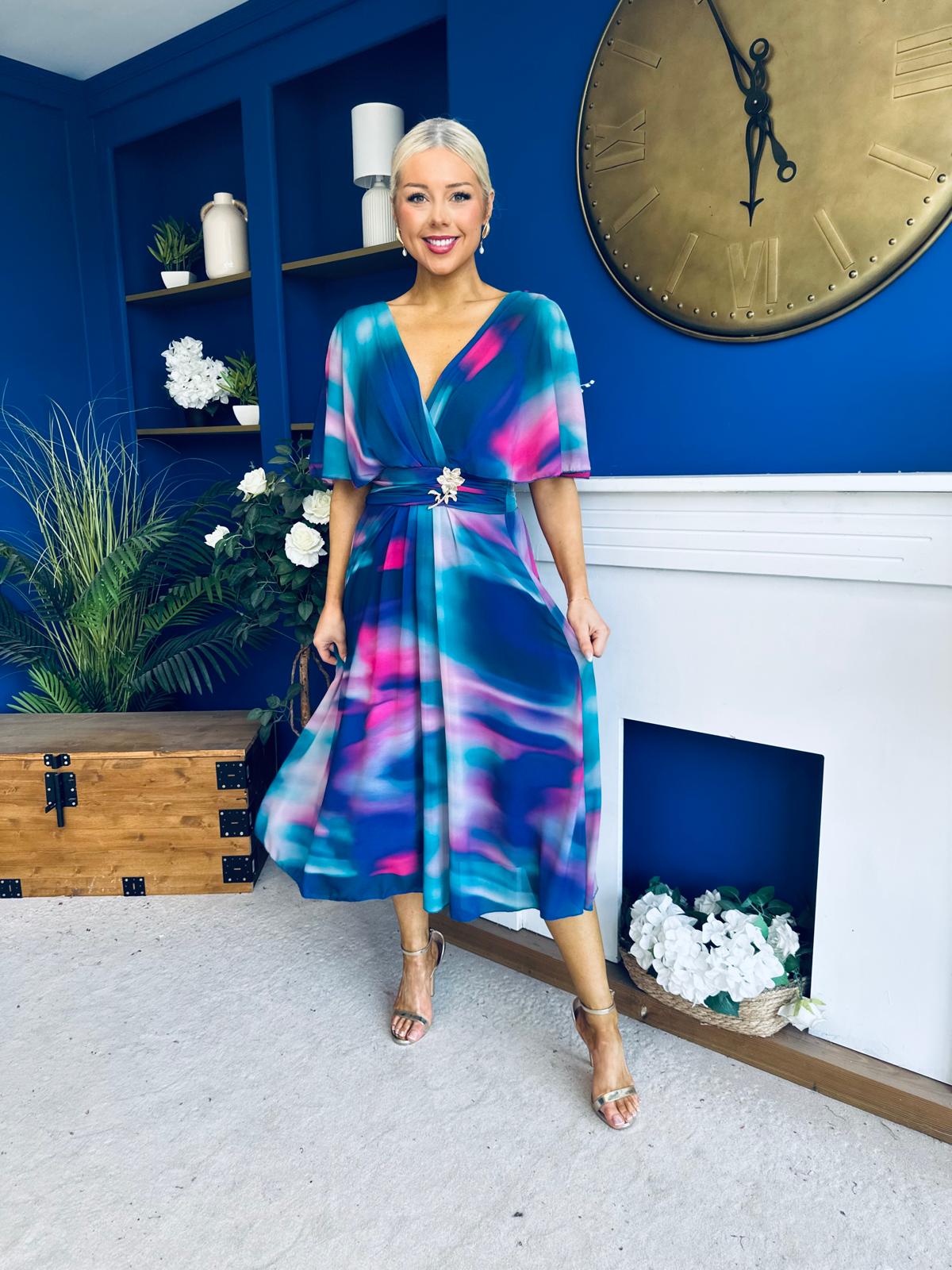Orlaith Detailed Chiffon Midi Dress Marble Blue