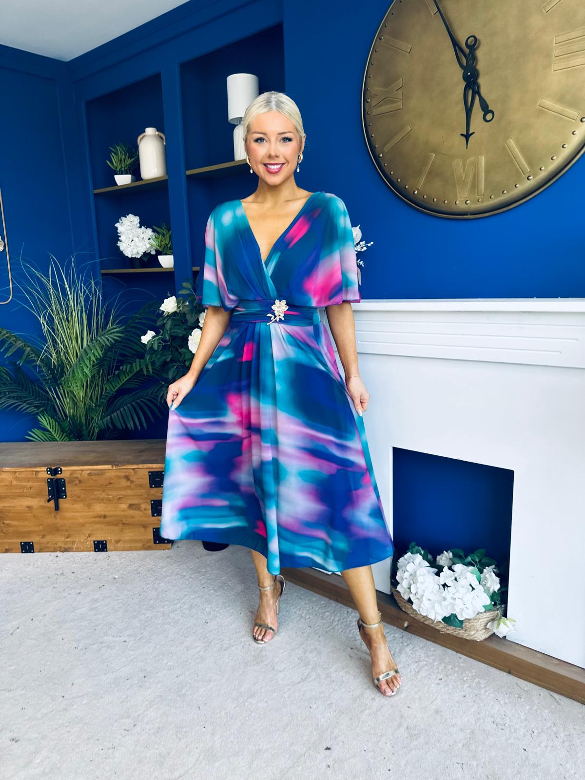 Orlaith Detailed Chiffon Midi Dress Marble Blue