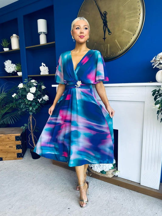 Orlaith Detailed Chiffon Midi Dress Marble Blue