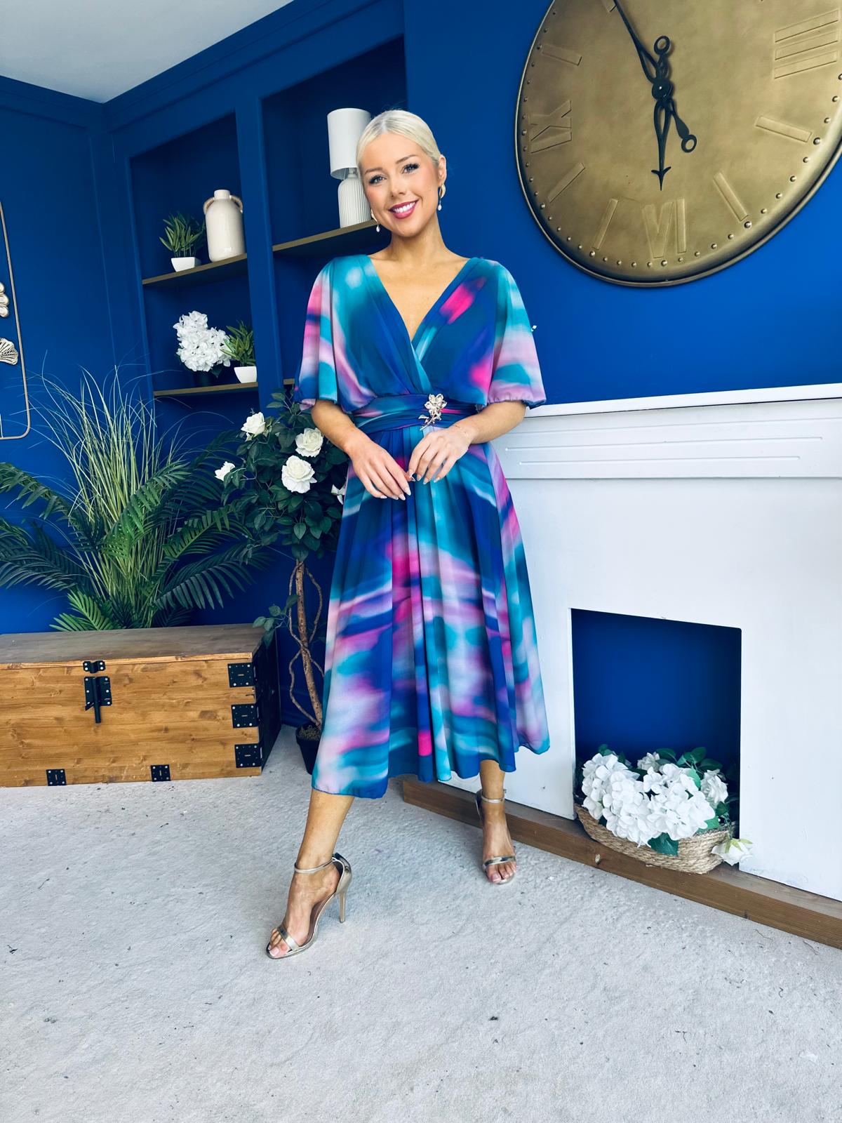 Orlaith Detailed Chiffon Midi Dress Marble Blue