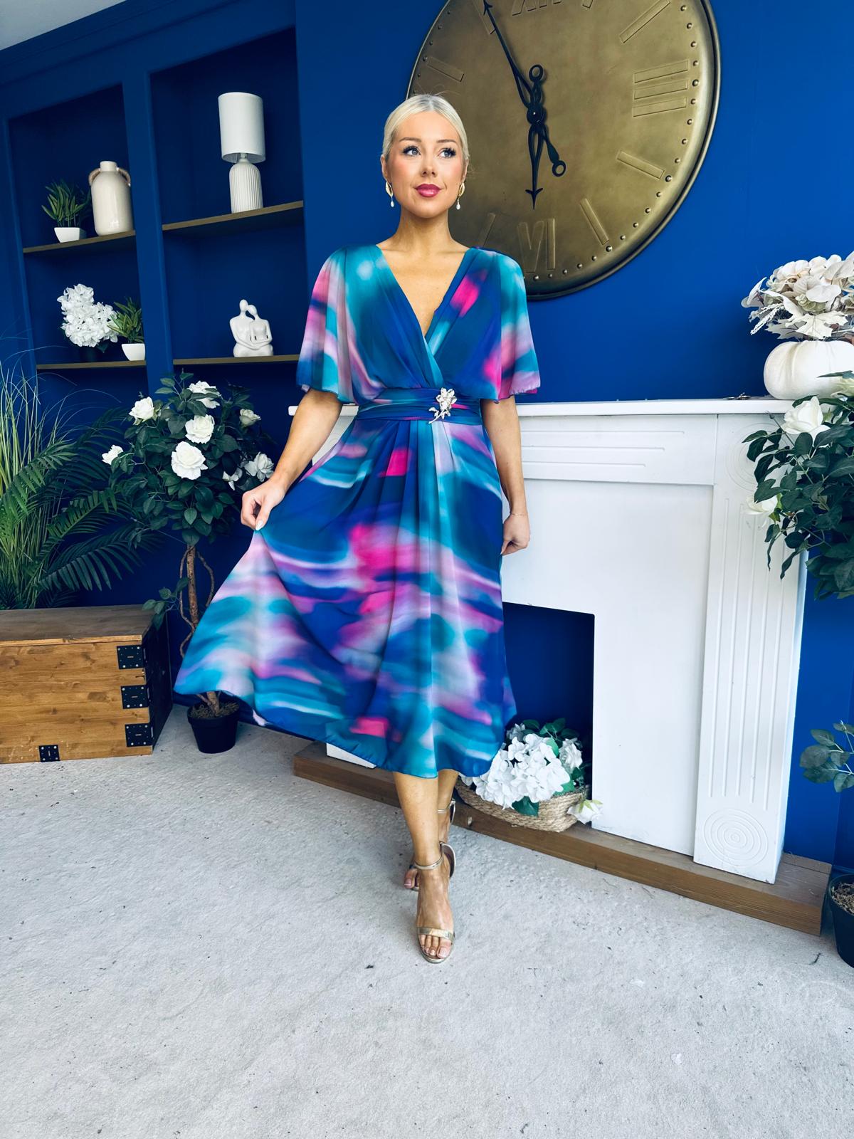 Orlaith Detailed Chiffon Midi Dress Marble Blue