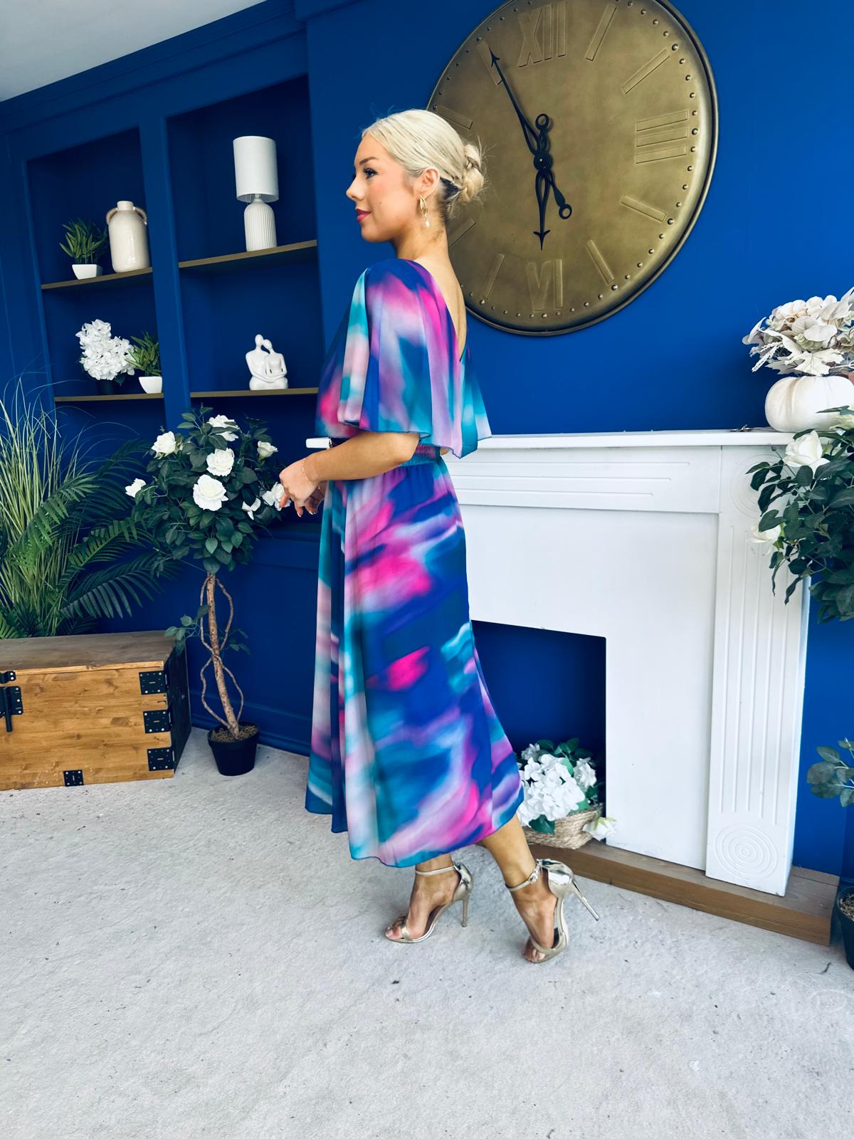 Orlaith Detailed Chiffon Midi Dress Marble Blue