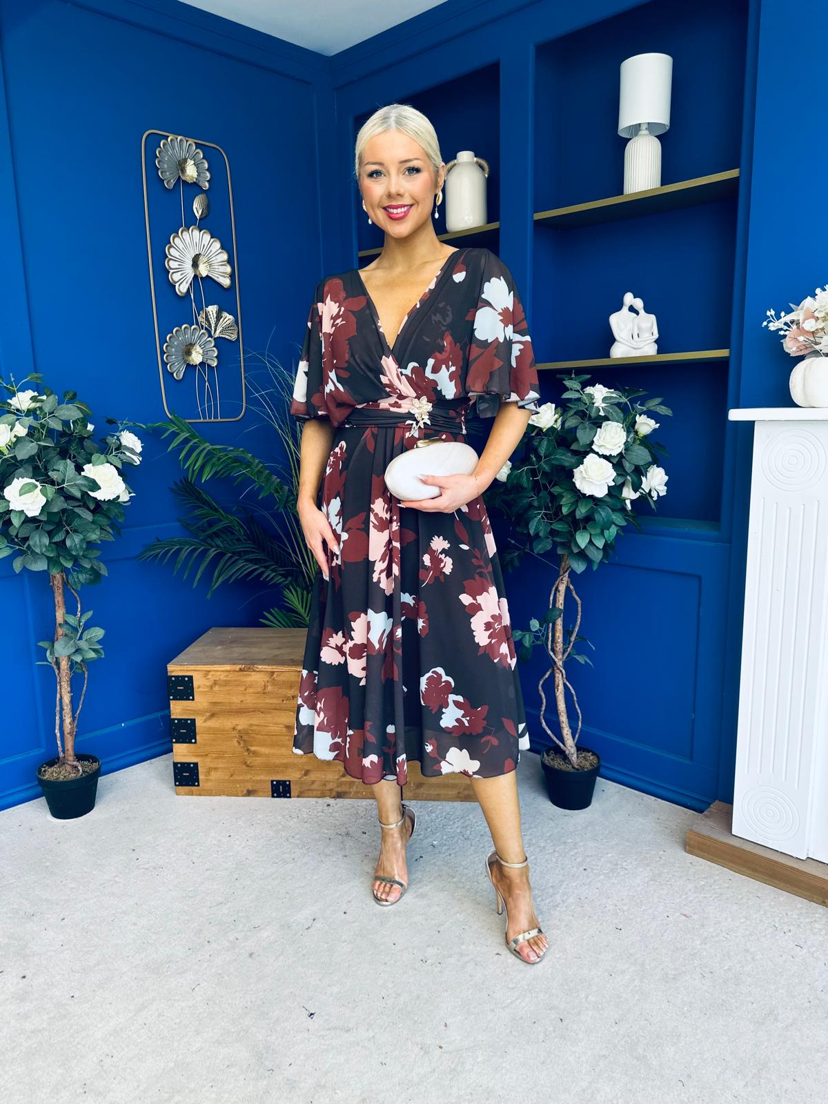 Orlaith Detailed Chiffon Midi Dress Floral Coffee
