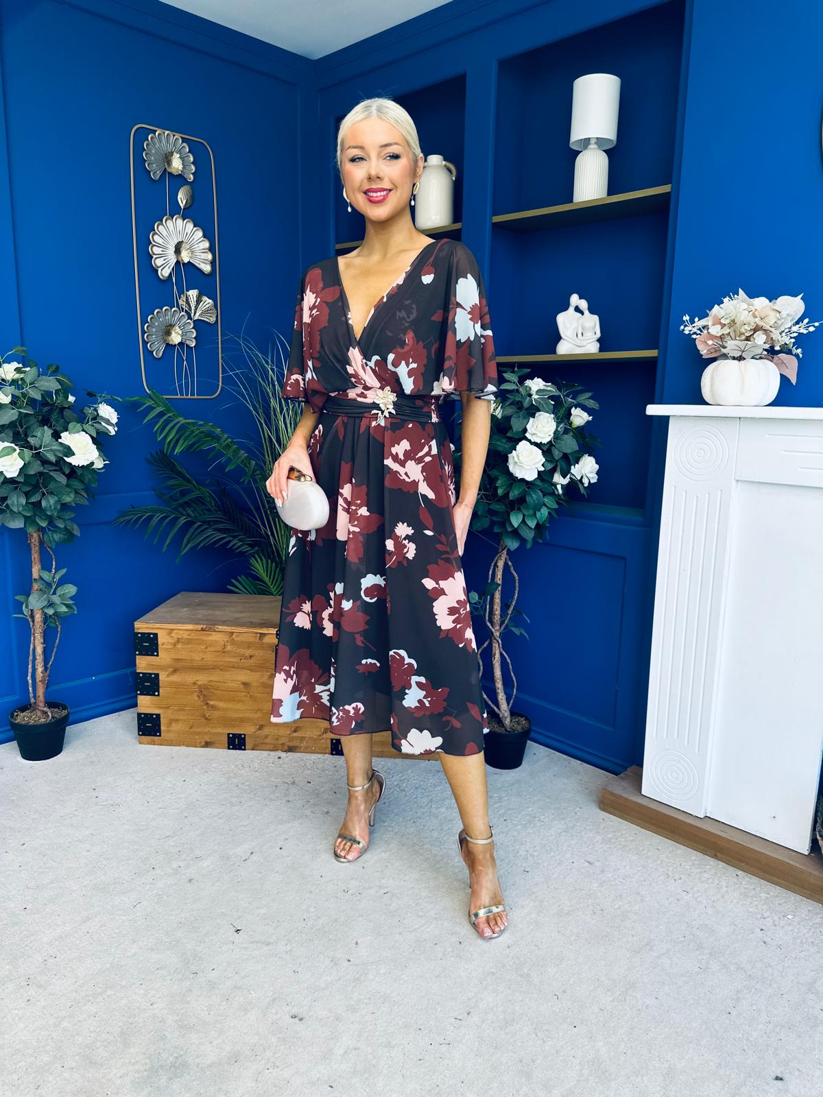 Orlaith Detailed Chiffon Midi Dress Floral Coffee