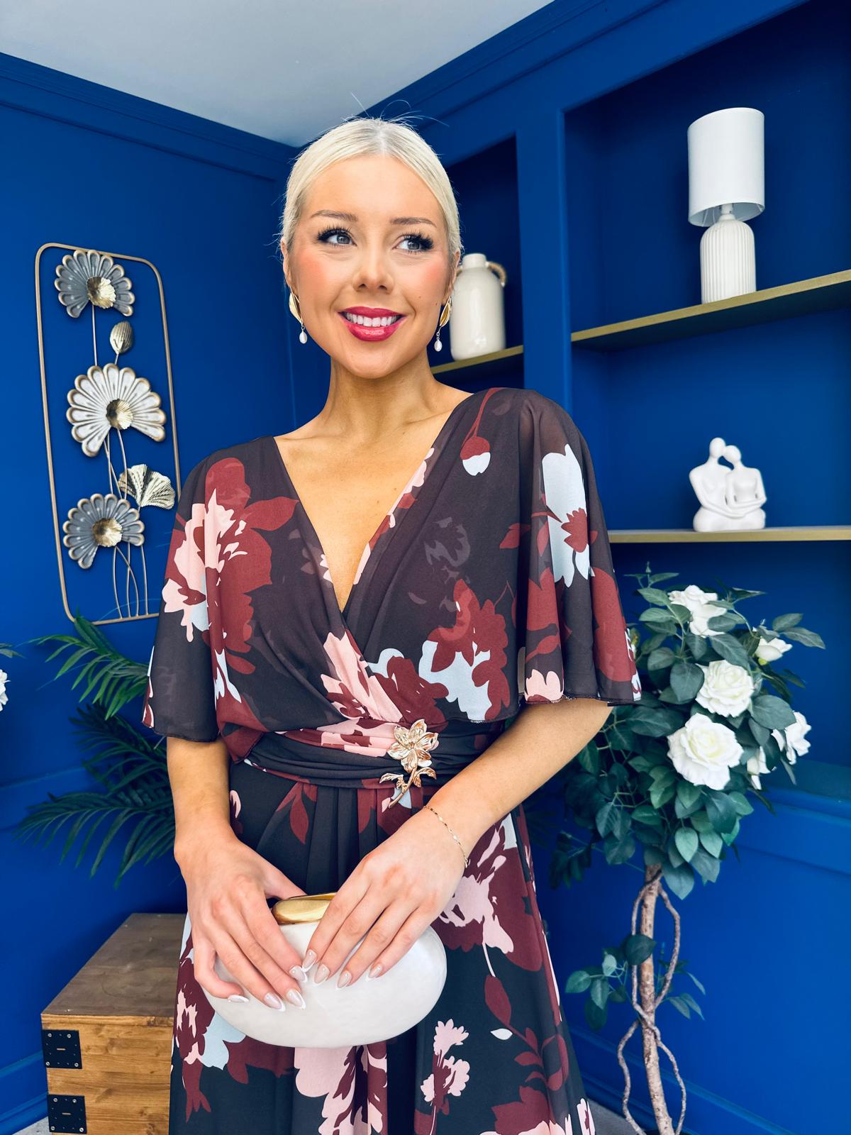 Orlaith Detailed Chiffon Midi Dress Floral Coffee