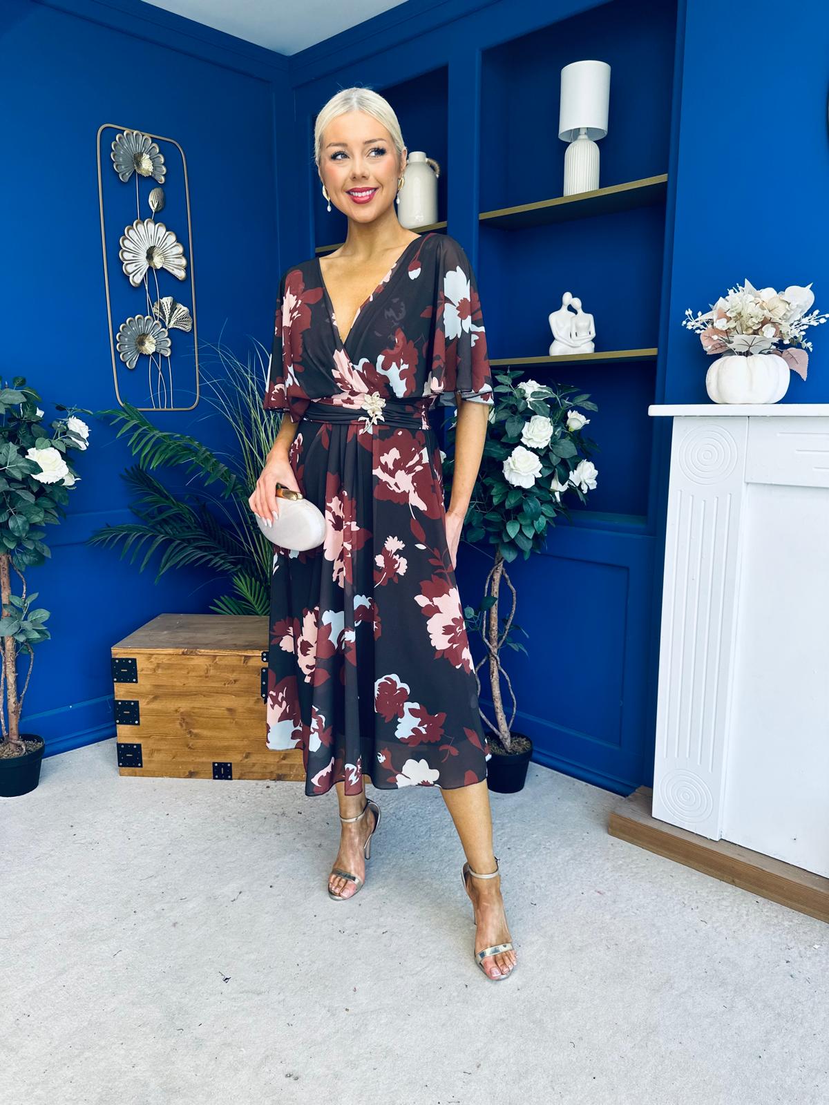 Orlaith Detailed Chiffon Midi Dress Floral Coffee