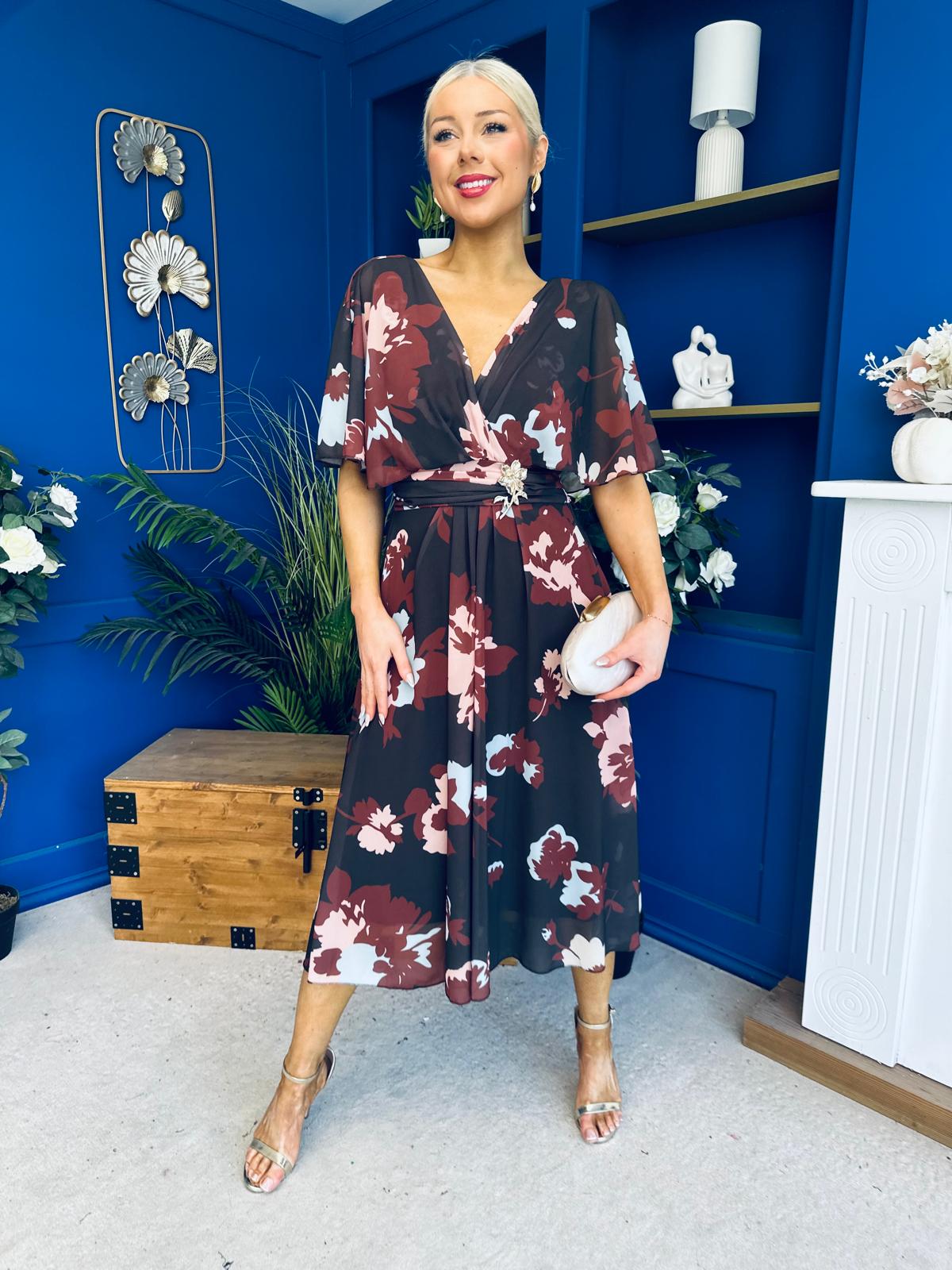 Orlaith Detailed Chiffon Midi Dress Floral Coffee