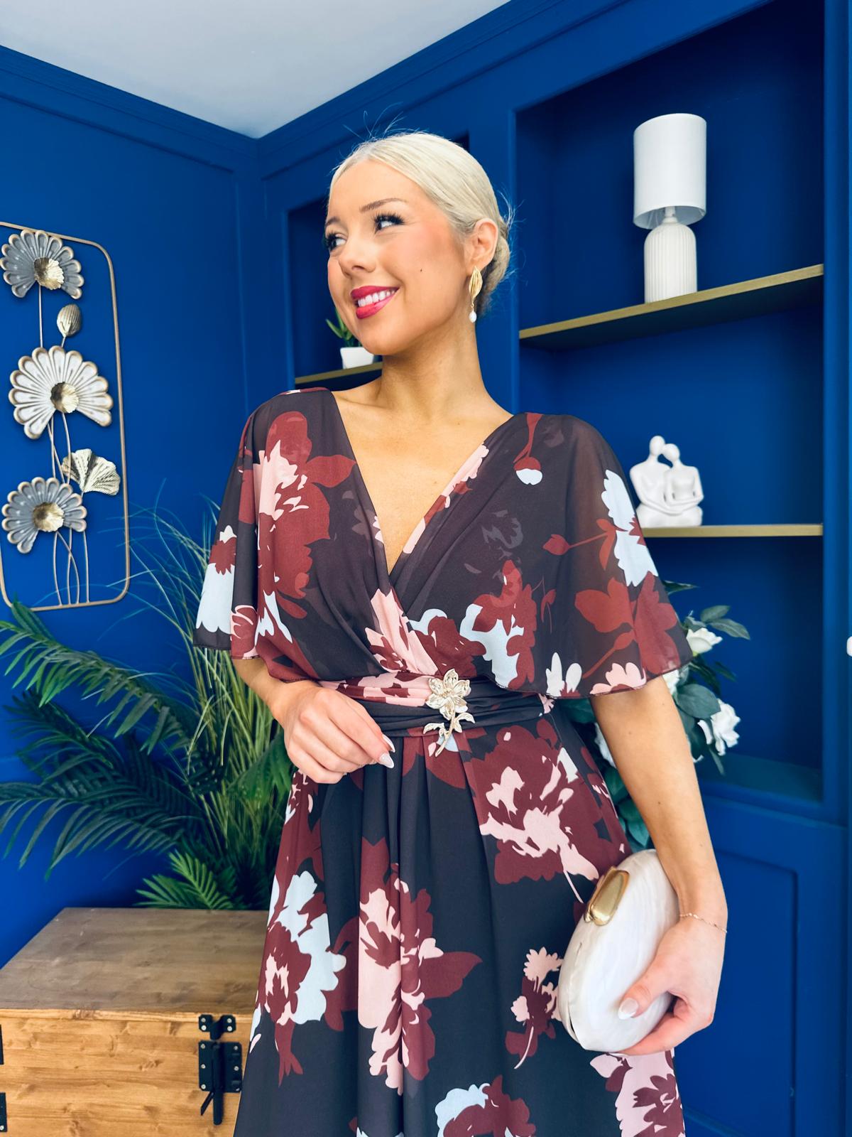 Orlaith Detailed Chiffon Midi Dress Floral Coffee