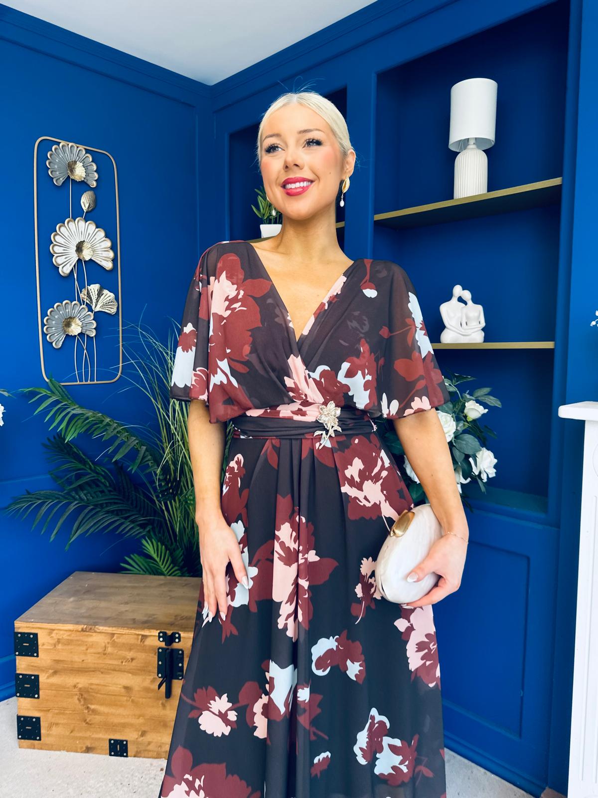 Orlaith Detailed Chiffon Midi Dress Floral Coffee