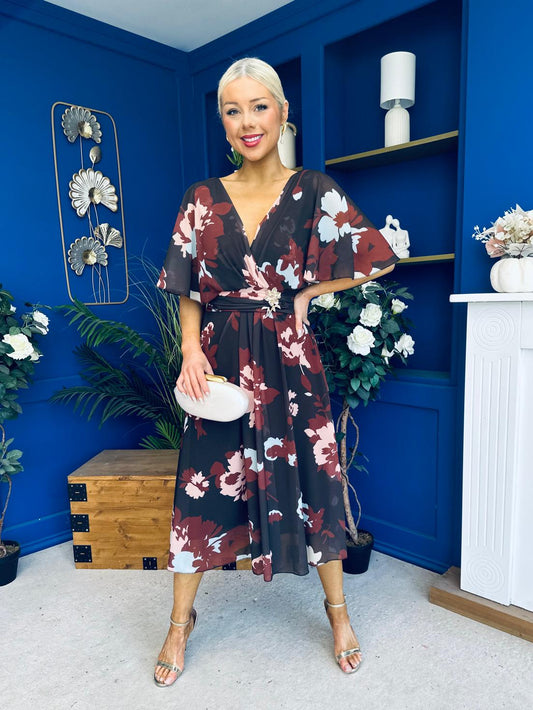 Orlaith Detailed Chiffon Midi Dress Floral Coffee