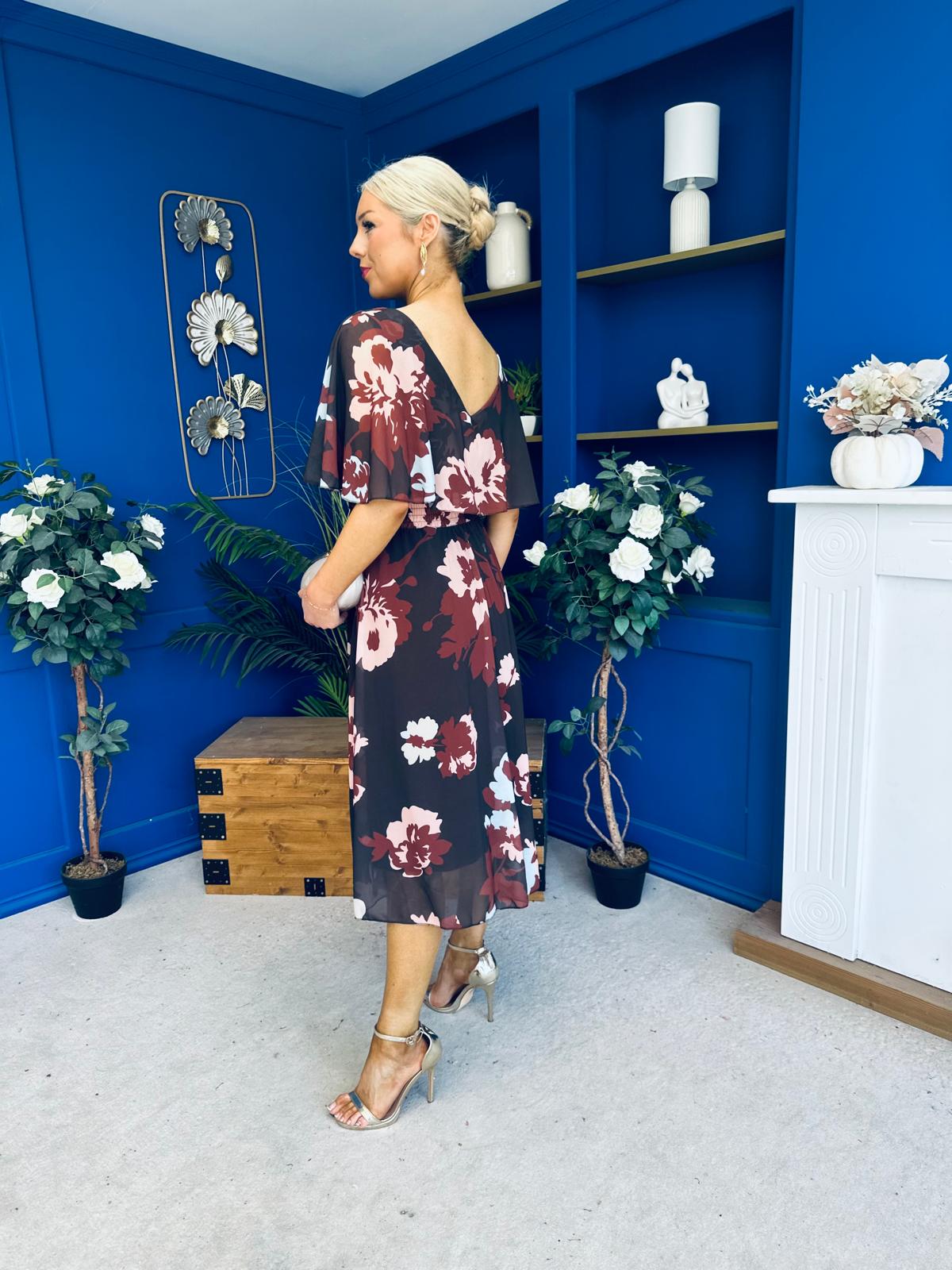 Orlaith Detailed Chiffon Midi Dress Floral Coffee