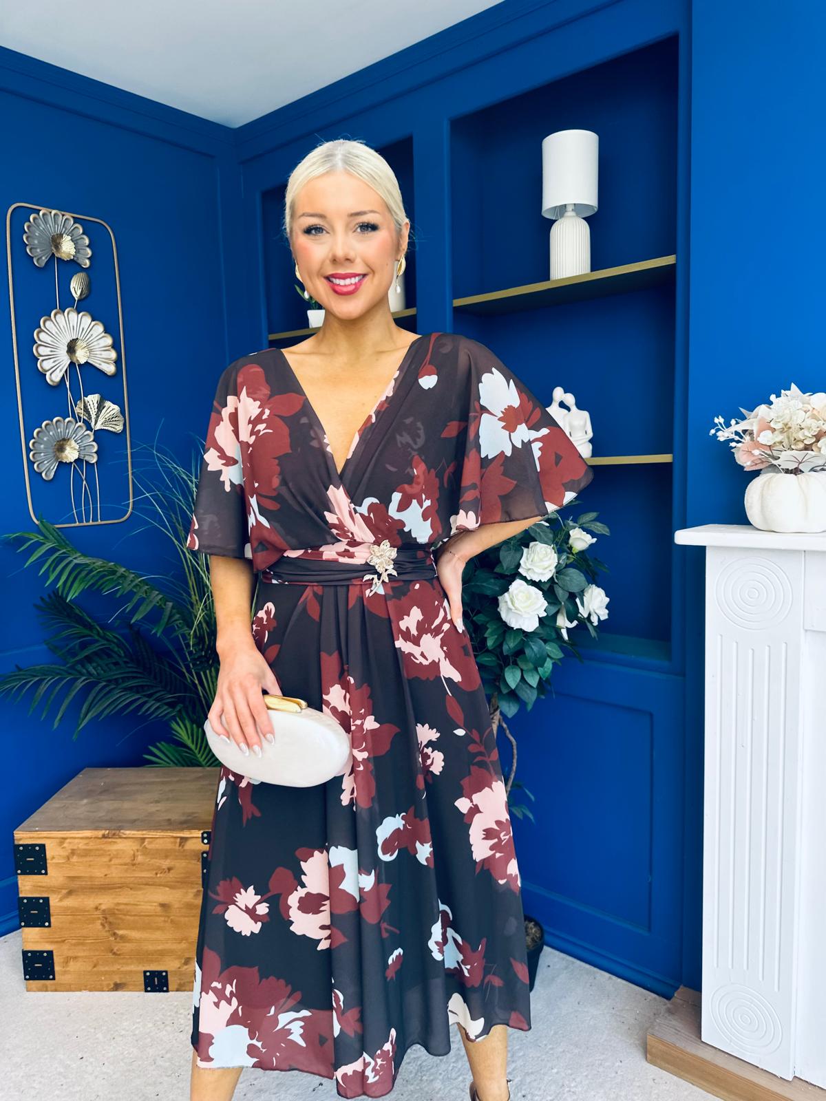 Orlaith Detailed Chiffon Midi Dress Floral Coffee