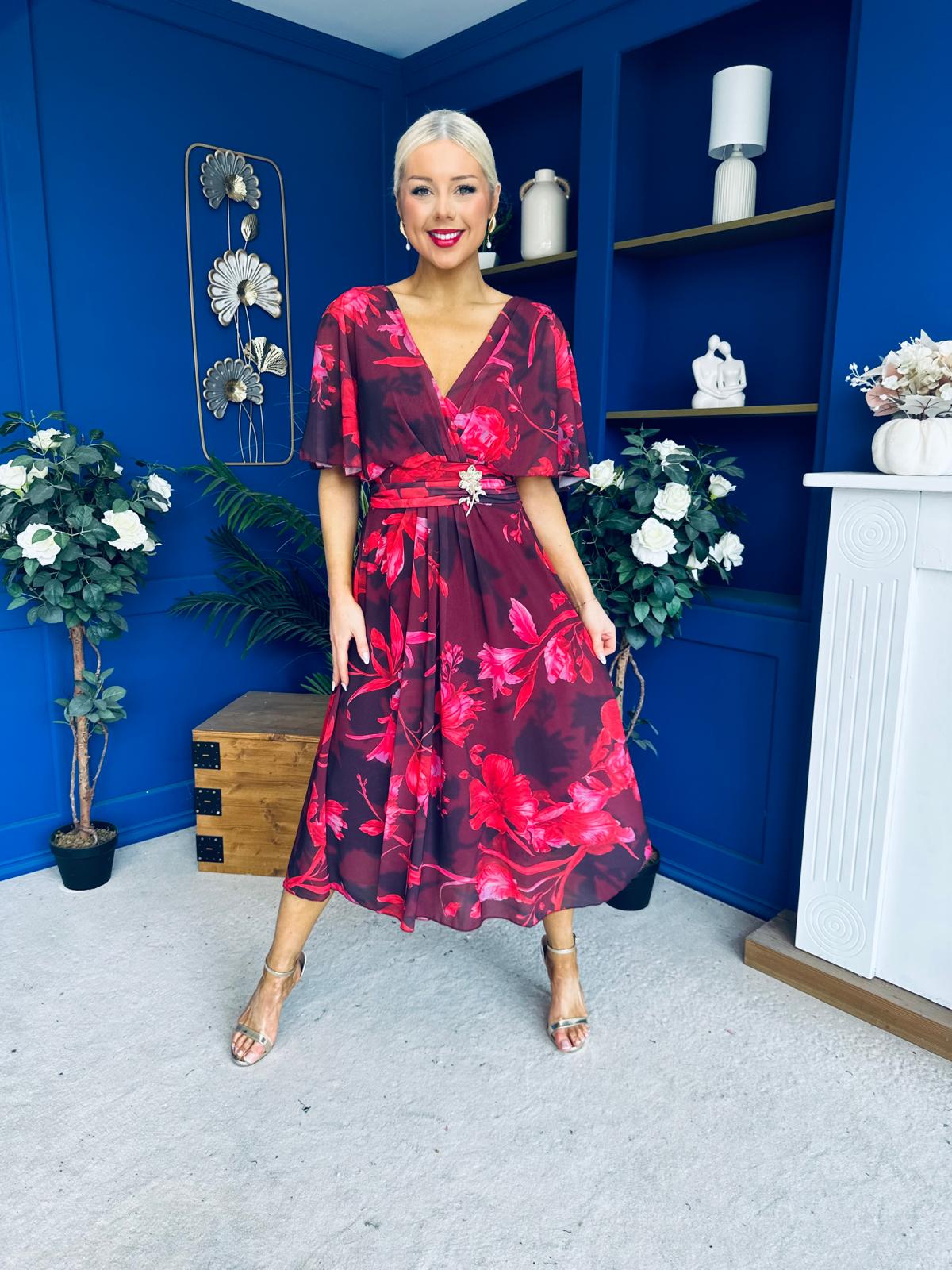 Orlaith Detailed Chiffon Midi Dress Floral Ruby