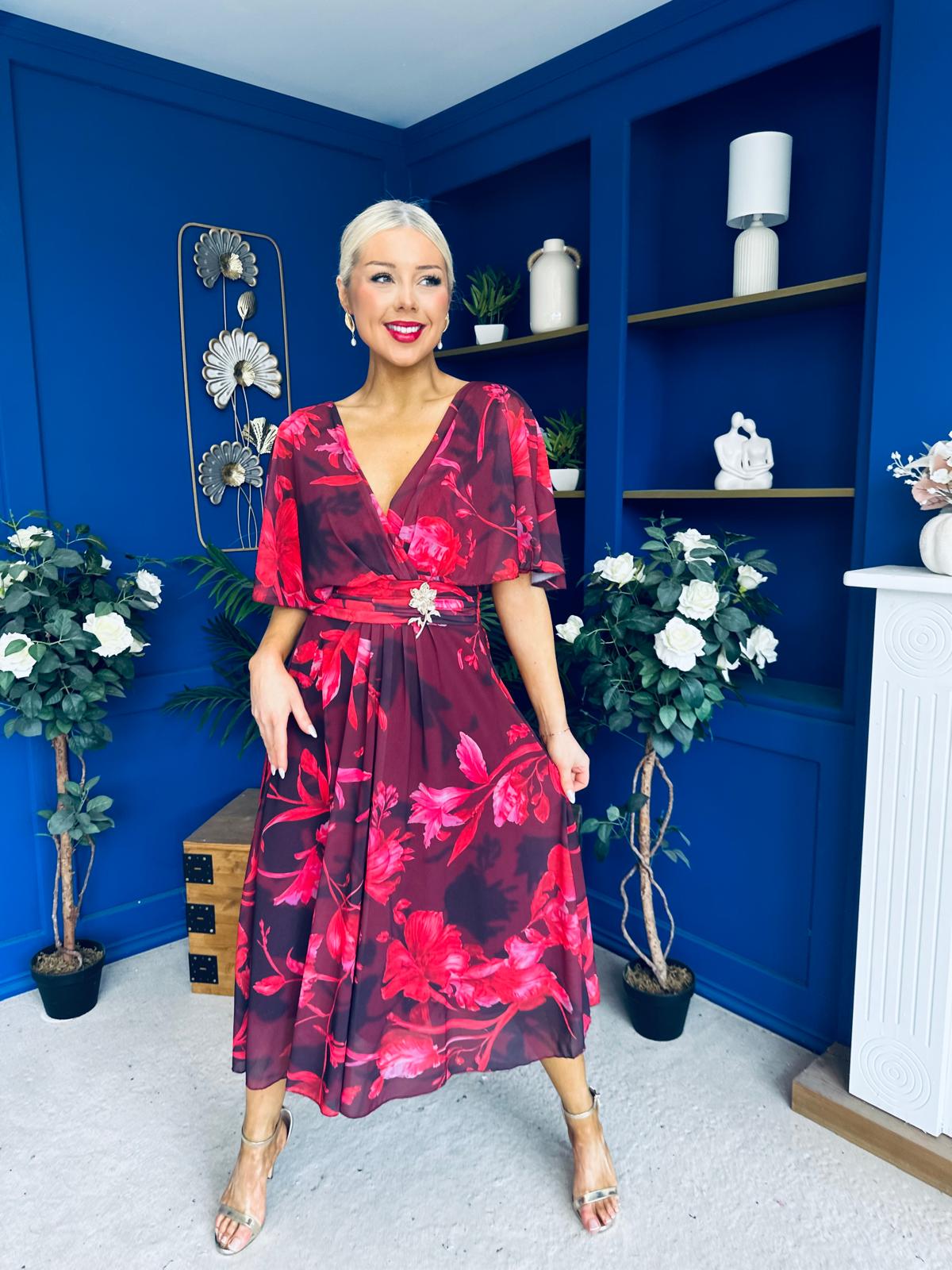 Orlaith Detailed Chiffon Midi Dress Floral Ruby
