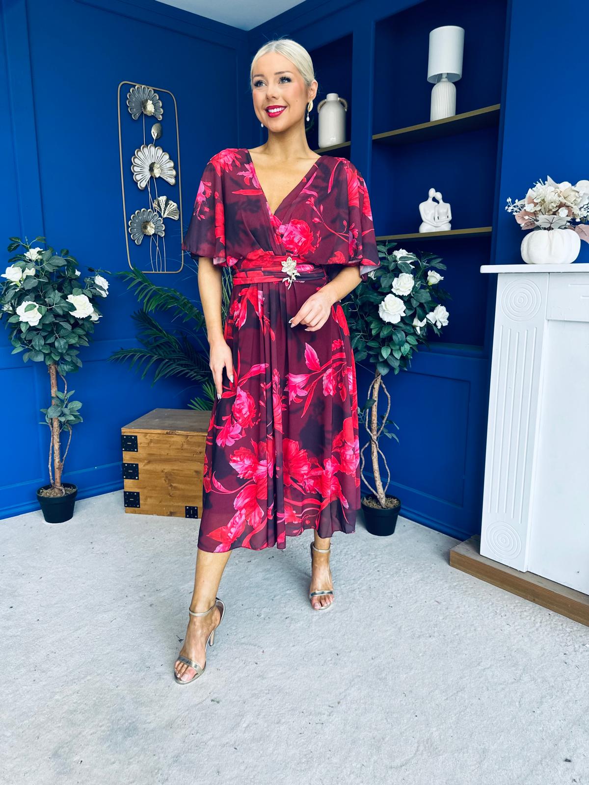 Orlaith Detailed Chiffon Midi Dress Floral Ruby