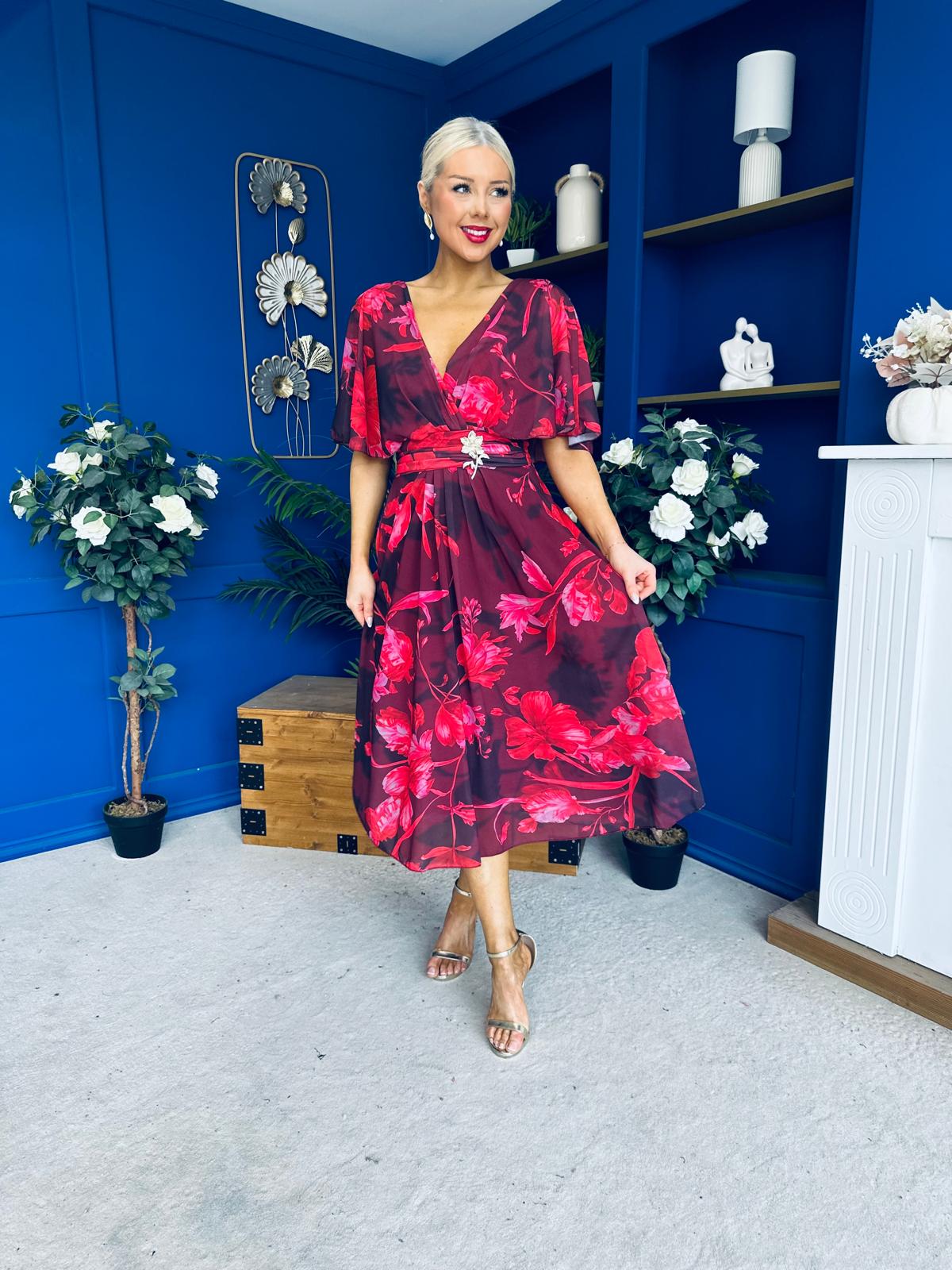 Orlaith Detailed Chiffon Midi Dress Floral Ruby