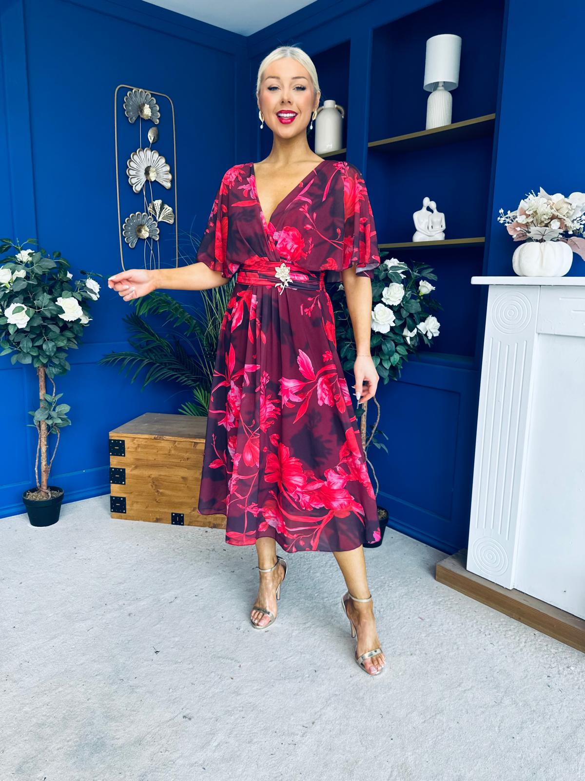 Orlaith Detailed Chiffon Midi Dress Floral Ruby