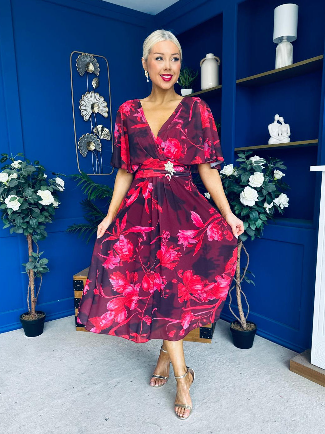Orlaith Detailed Chiffon Midi Dress Floral Ruby