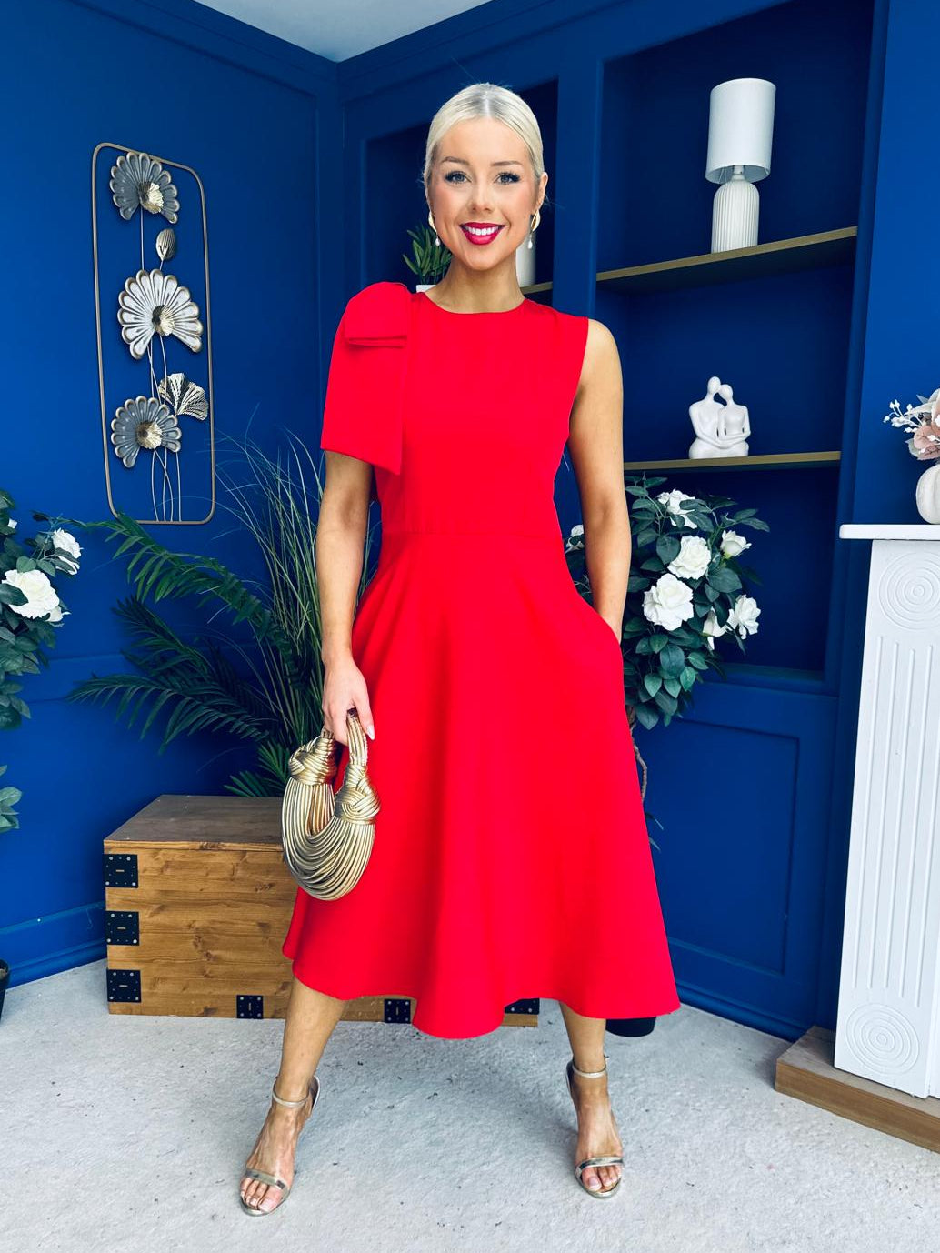 Caitlin Bow Detail Midi Dress Red