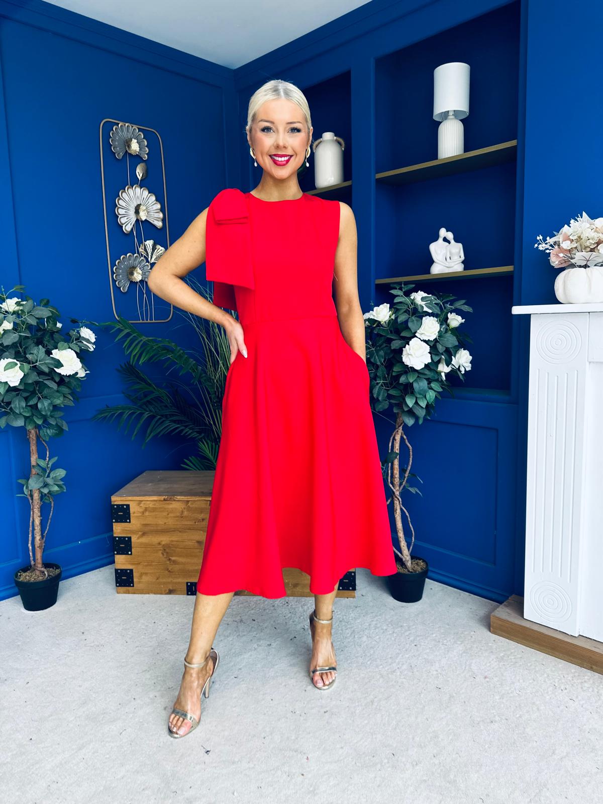 Caitlin Bow Detail Midi Dress Red