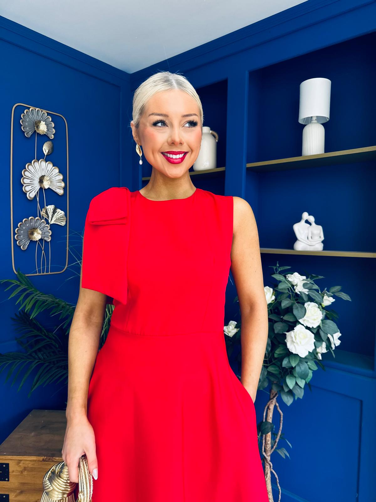 Caitlin Bow Detail Midi Dress Red
