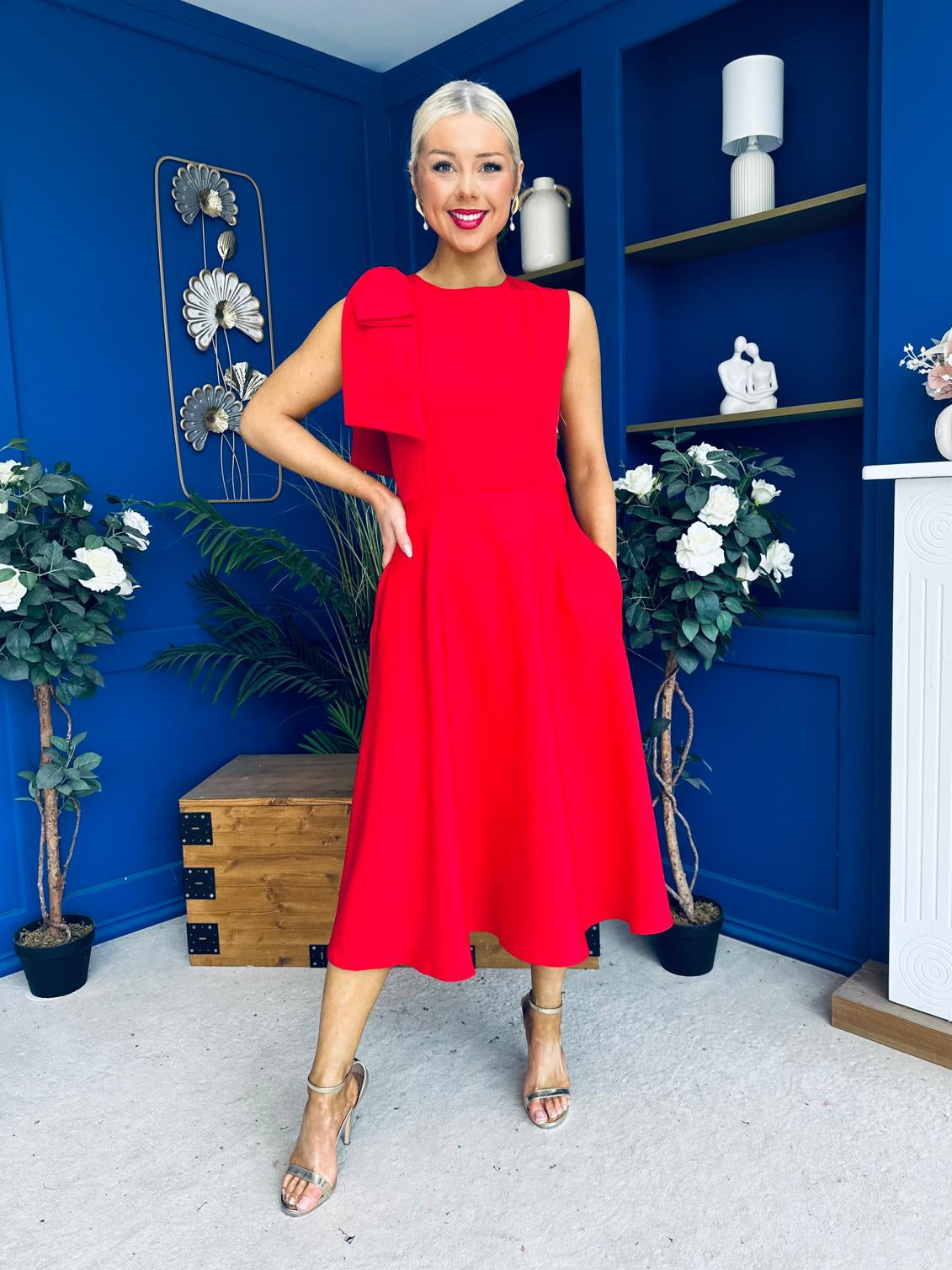 Caitlin Bow Detail Midi Dress Red