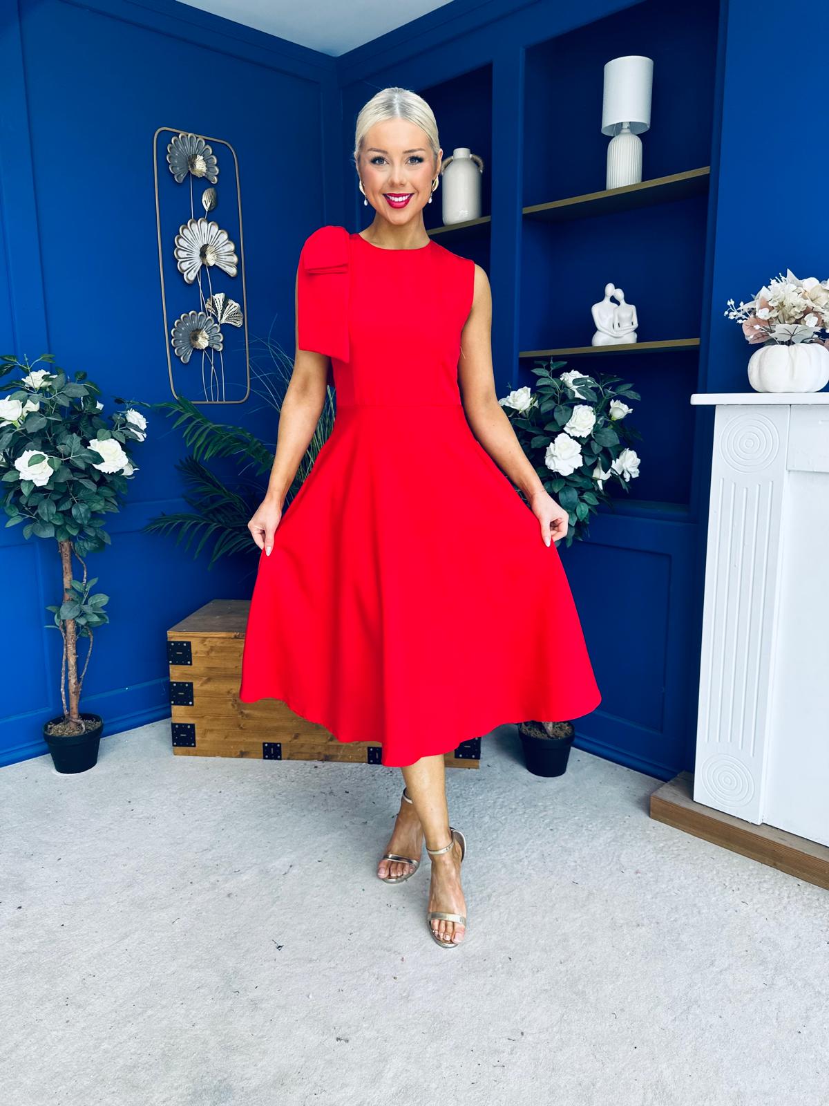 Caitlin Bow Detail Midi Dress Red