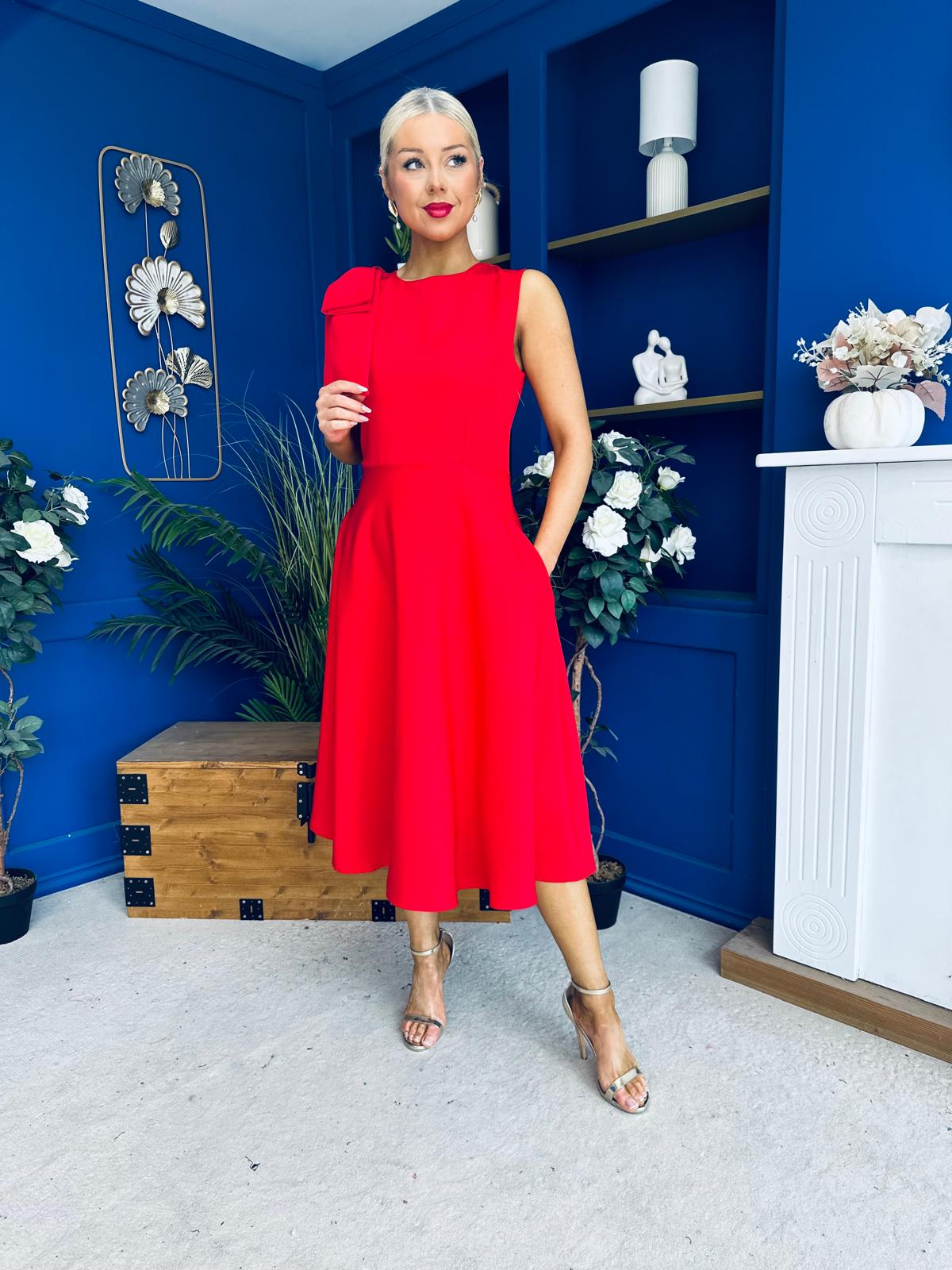 Caitlin Bow Detail Midi Dress Red
