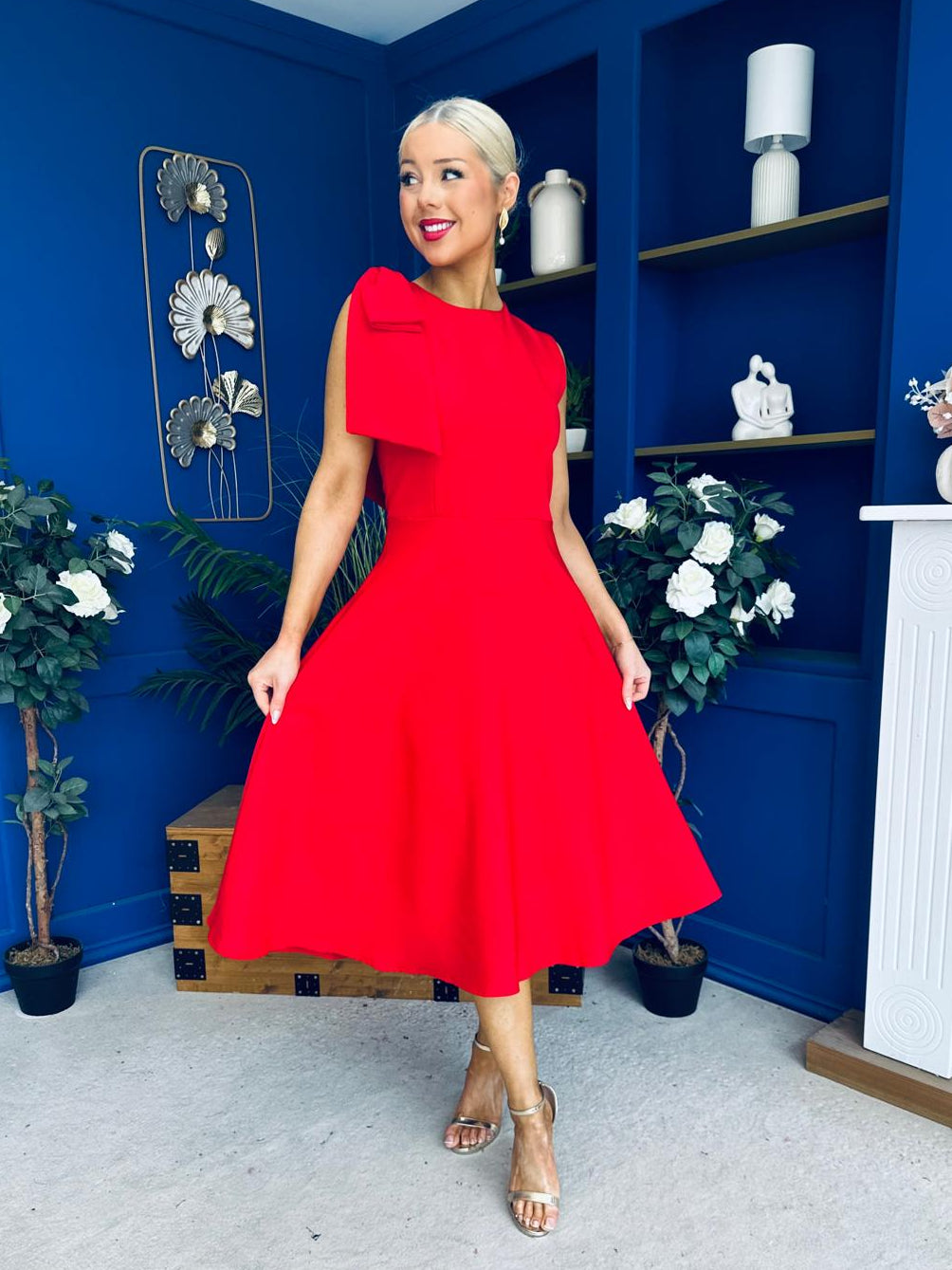 Caitlin Bow Detail Midi Dress Red