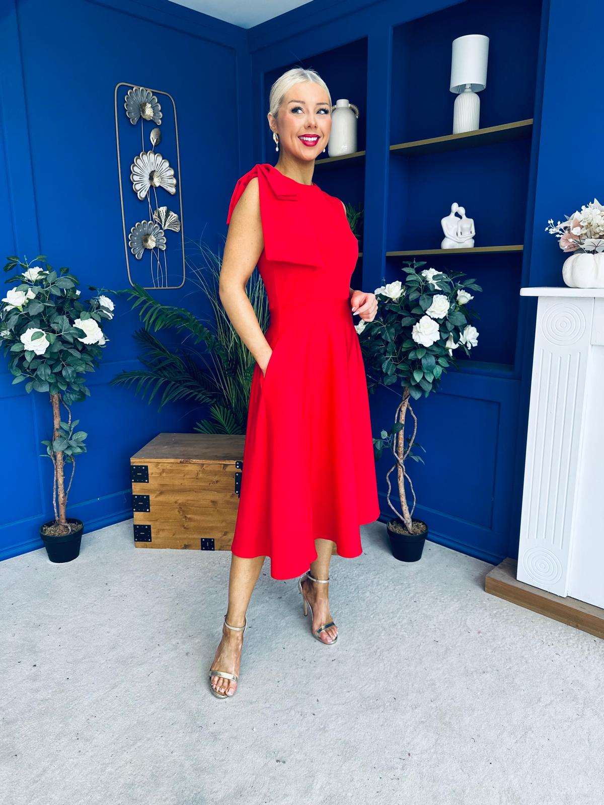 Caitlin Bow Detail Midi Dress Red