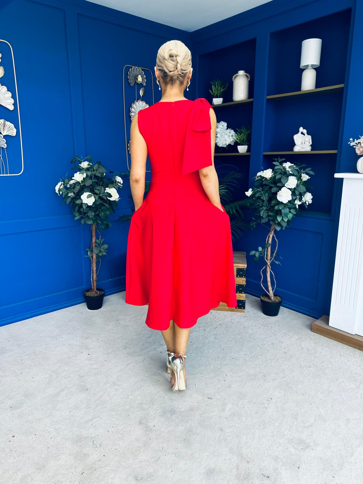 Caitlin Bow Detail Midi Dress Red