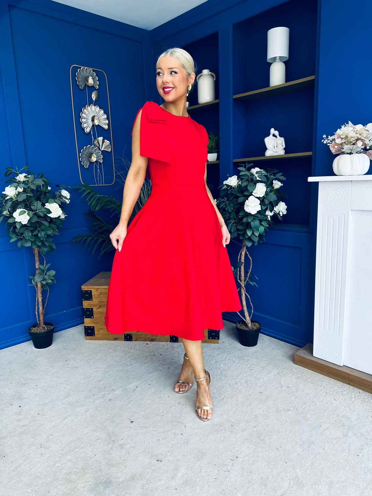 Caitlin Bow Detail Midi Dress Red