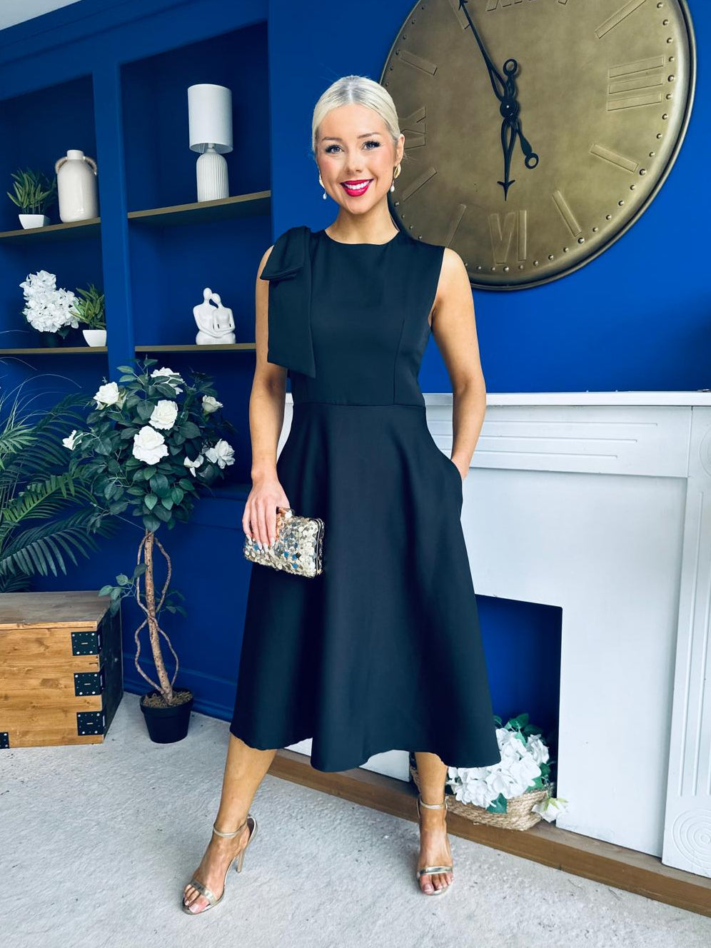 Caitlin Bow Detail Midi Dress Black